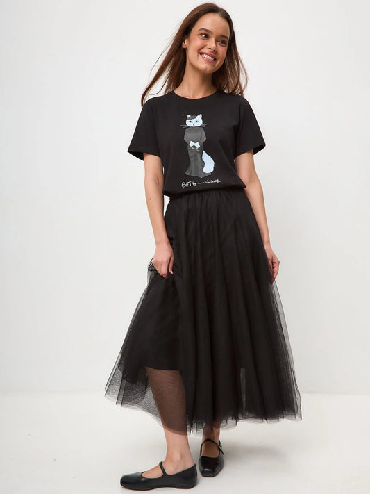 Elegance set: women’s black t-shirt with a white cat and black tulle maxi skirt - Funny Cat | For Cat Lovers | CAT