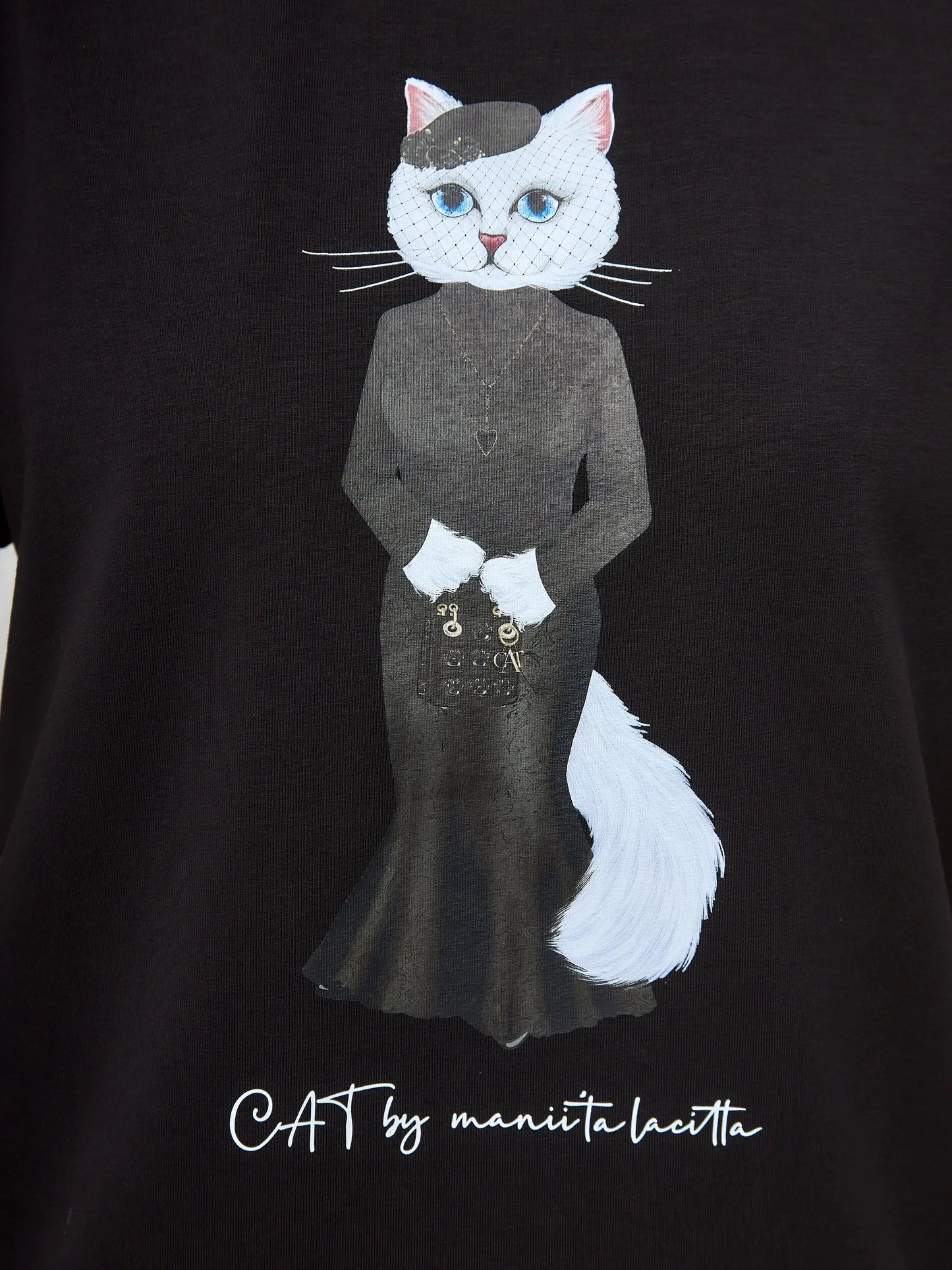 Elegance set: women’s black t-shirt with a white cat and black tulle maxi skirt - Funny Cat | For Cat Lovers | CAT