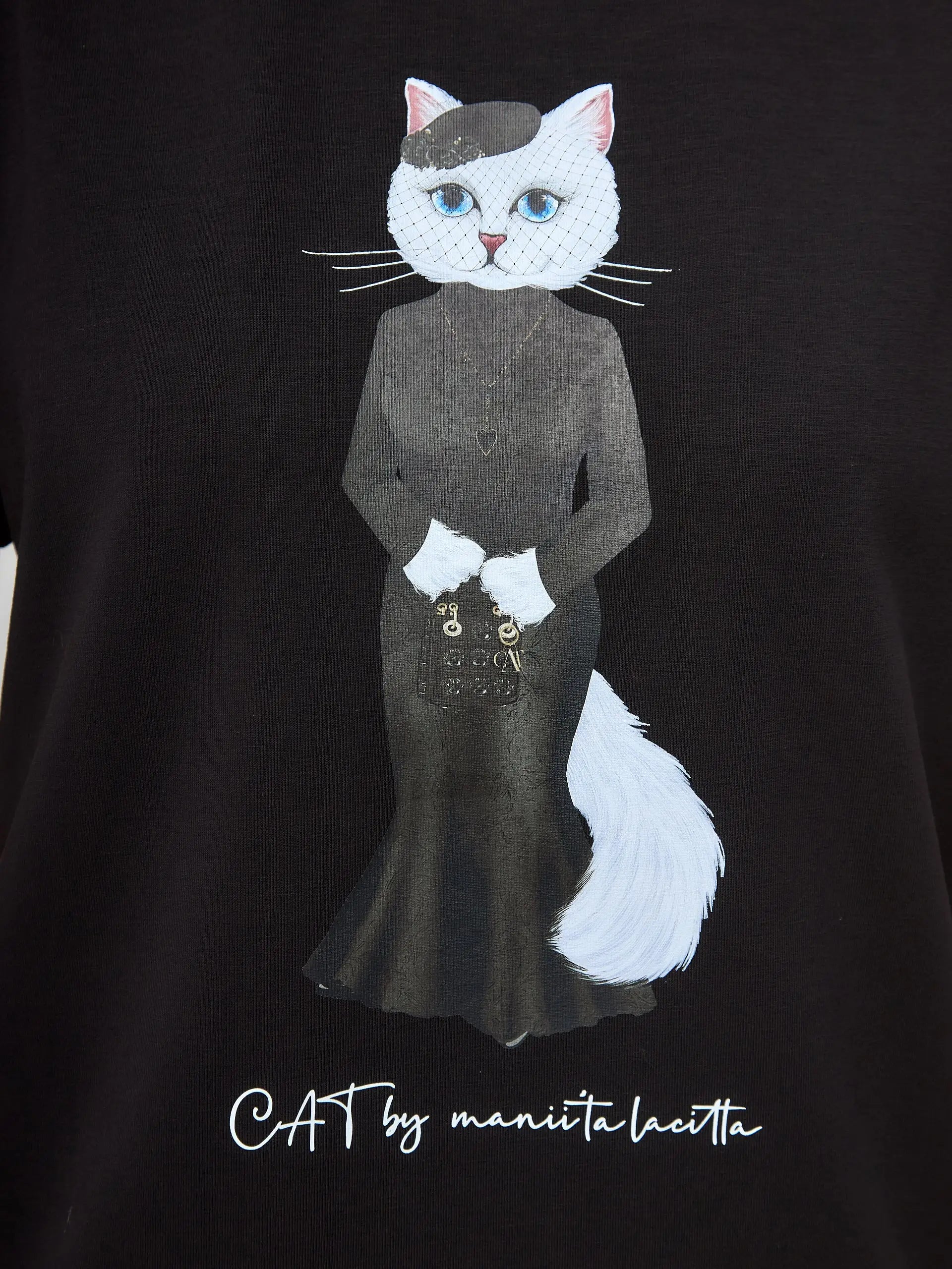 Elegance set: women’s black t-shirt with a white cat and black tulle maxi skirt - Funny Cat | For Cat Lovers | CAT