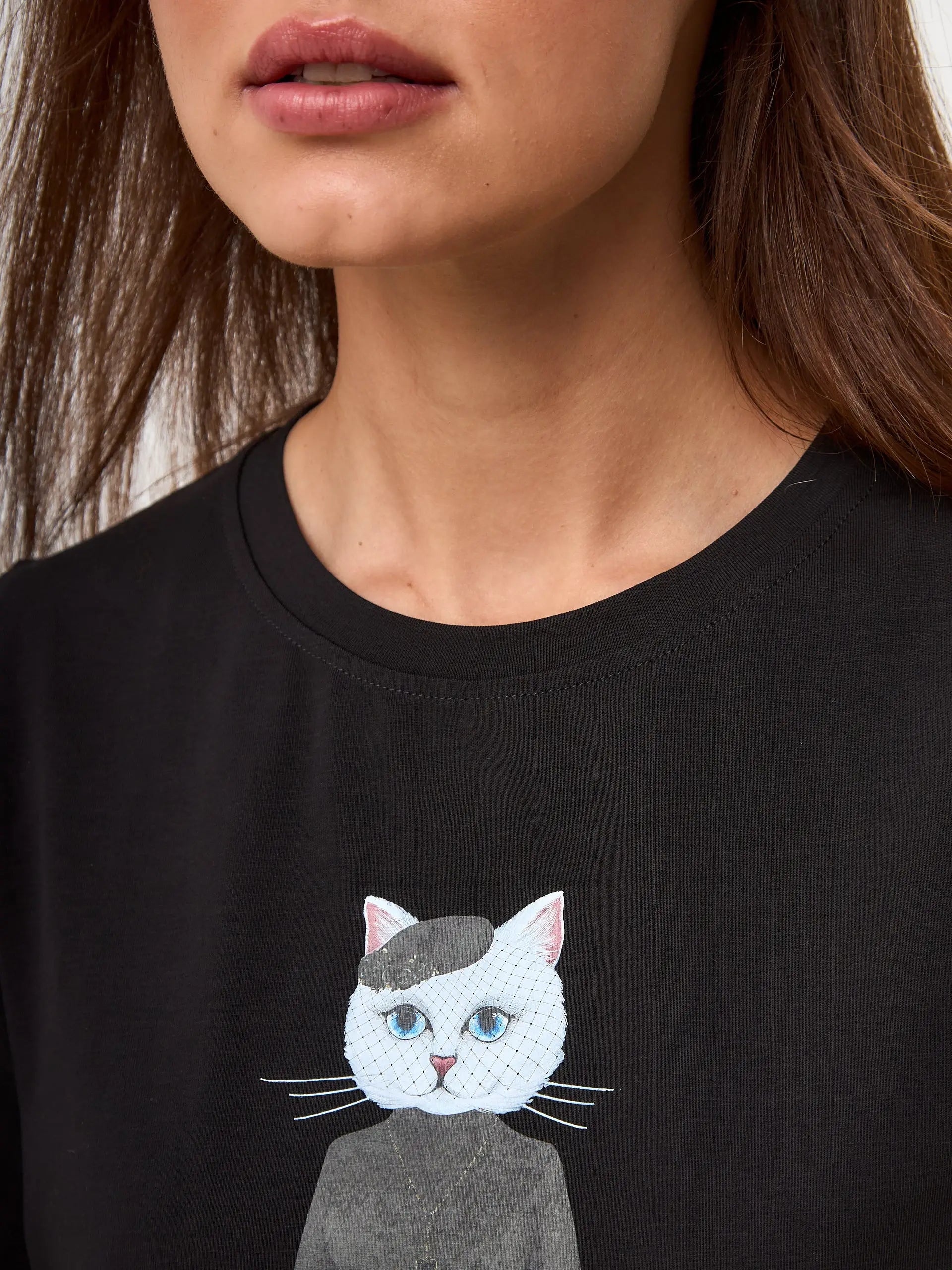 Elegance set: women’s black t-shirt with a white cat and black tulle maxi skirt - Funny Cat | For Cat Lovers | CAT