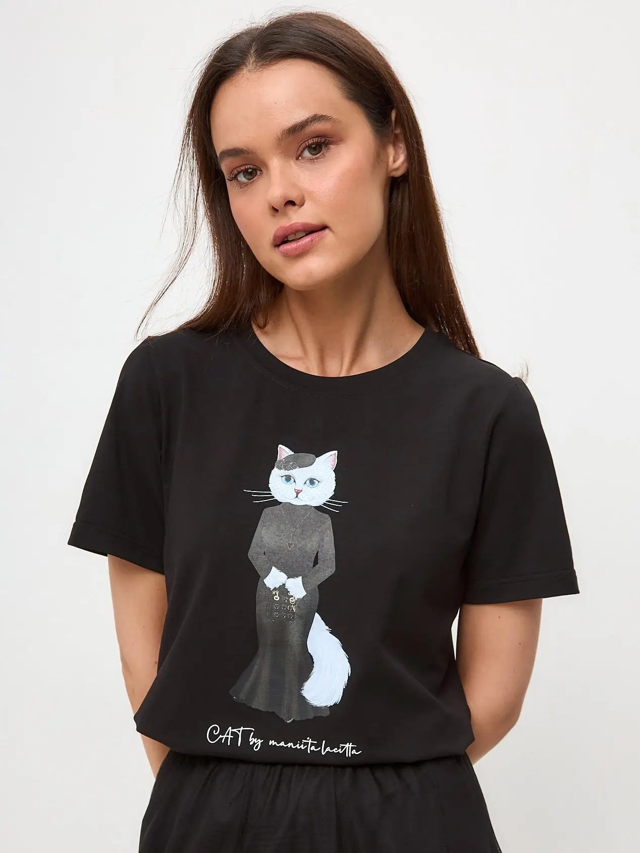 Elegance set: women’s black t-shirt with a white cat and black tulle maxi skirt - Funny Cat | For Cat Lovers | CAT
