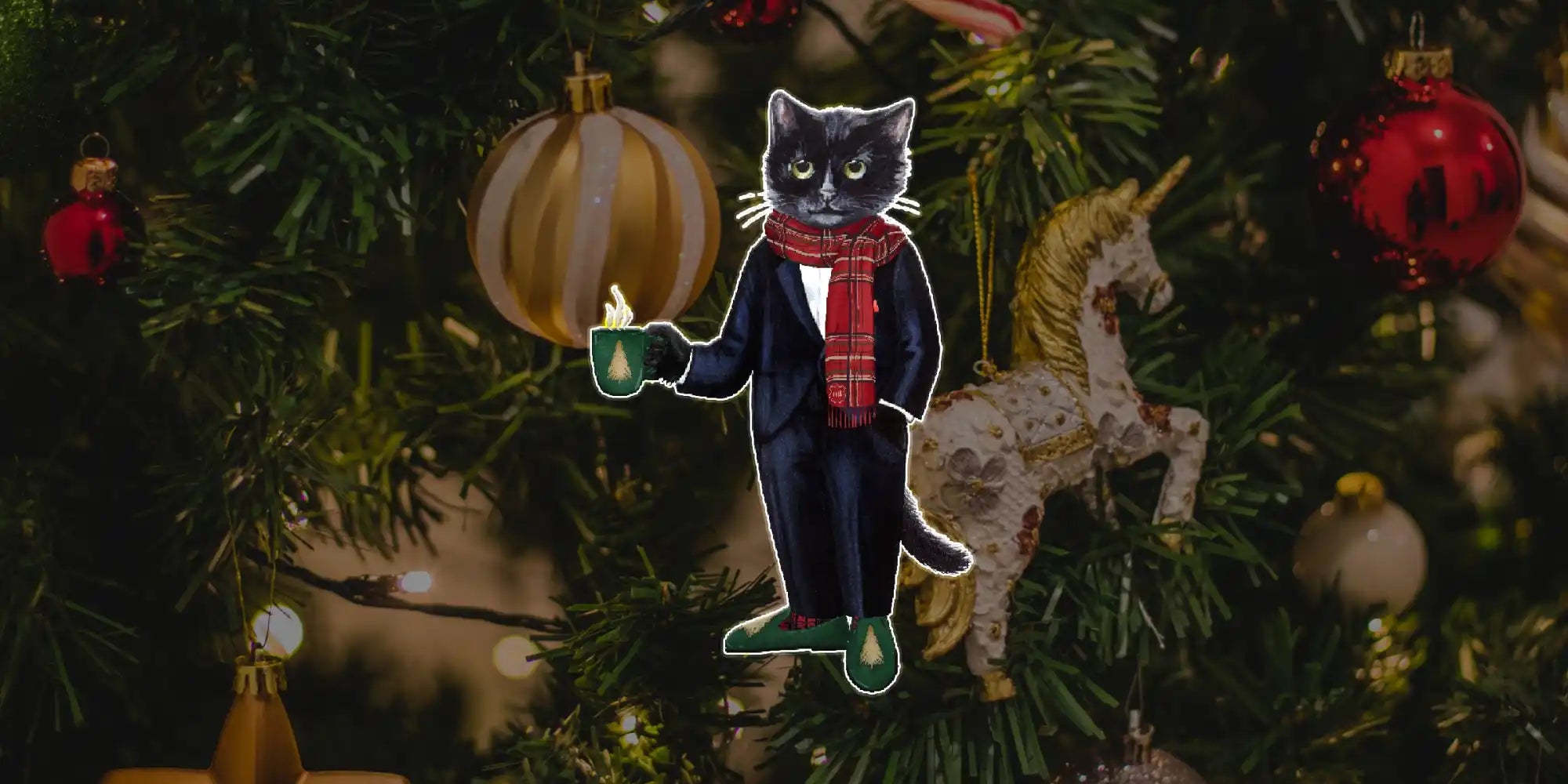 Festive black cat ornament.