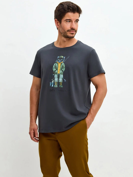 Grey t-shirt fishman cat - Funny Cat T-shirt | For Cat Lovers | CAT by maniita lacitta