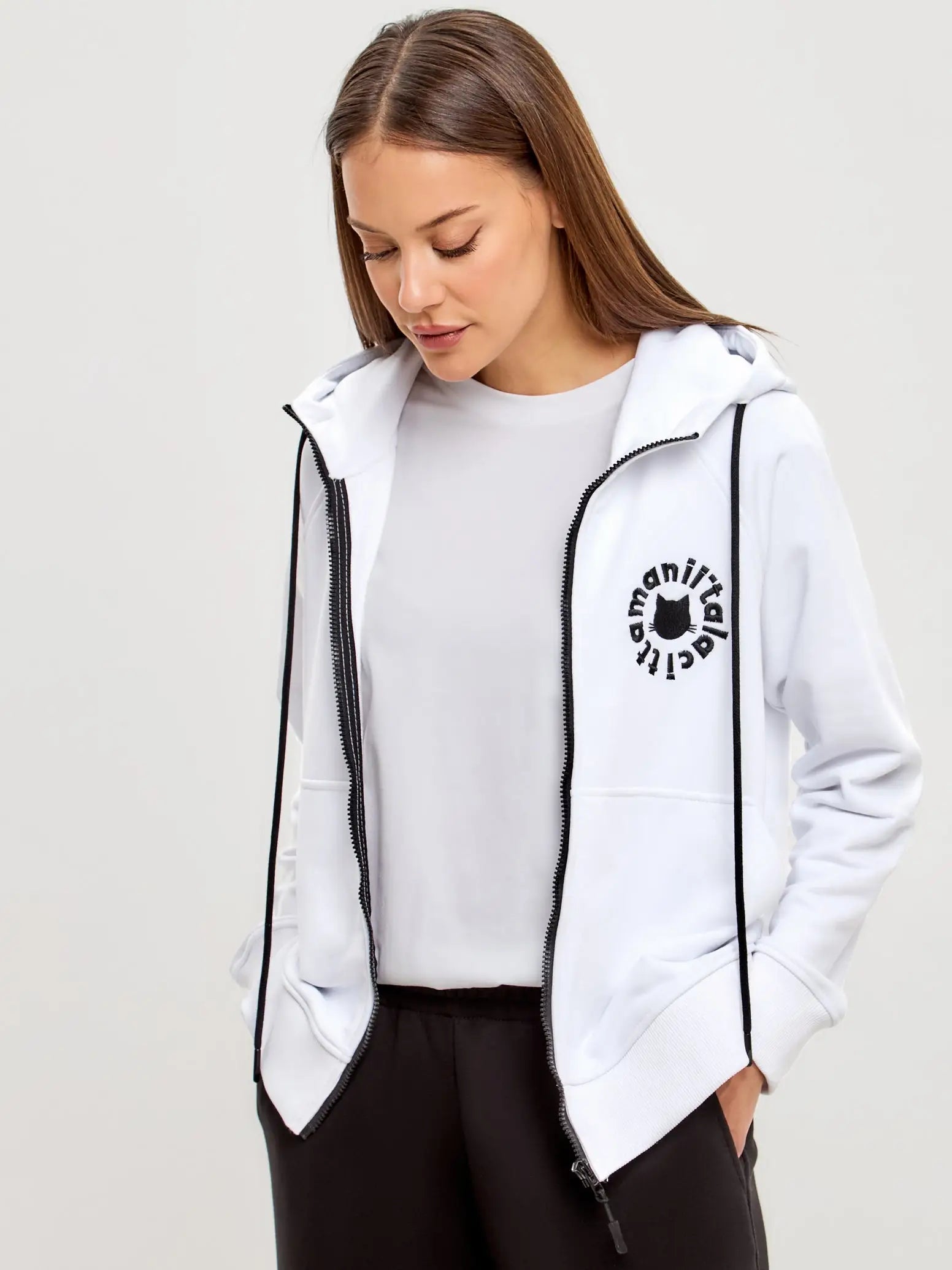 Logo cat set: white zip hoodie and black sweatpants - Funny Cat | For Cat Lovers | CAT by maniita lacitta