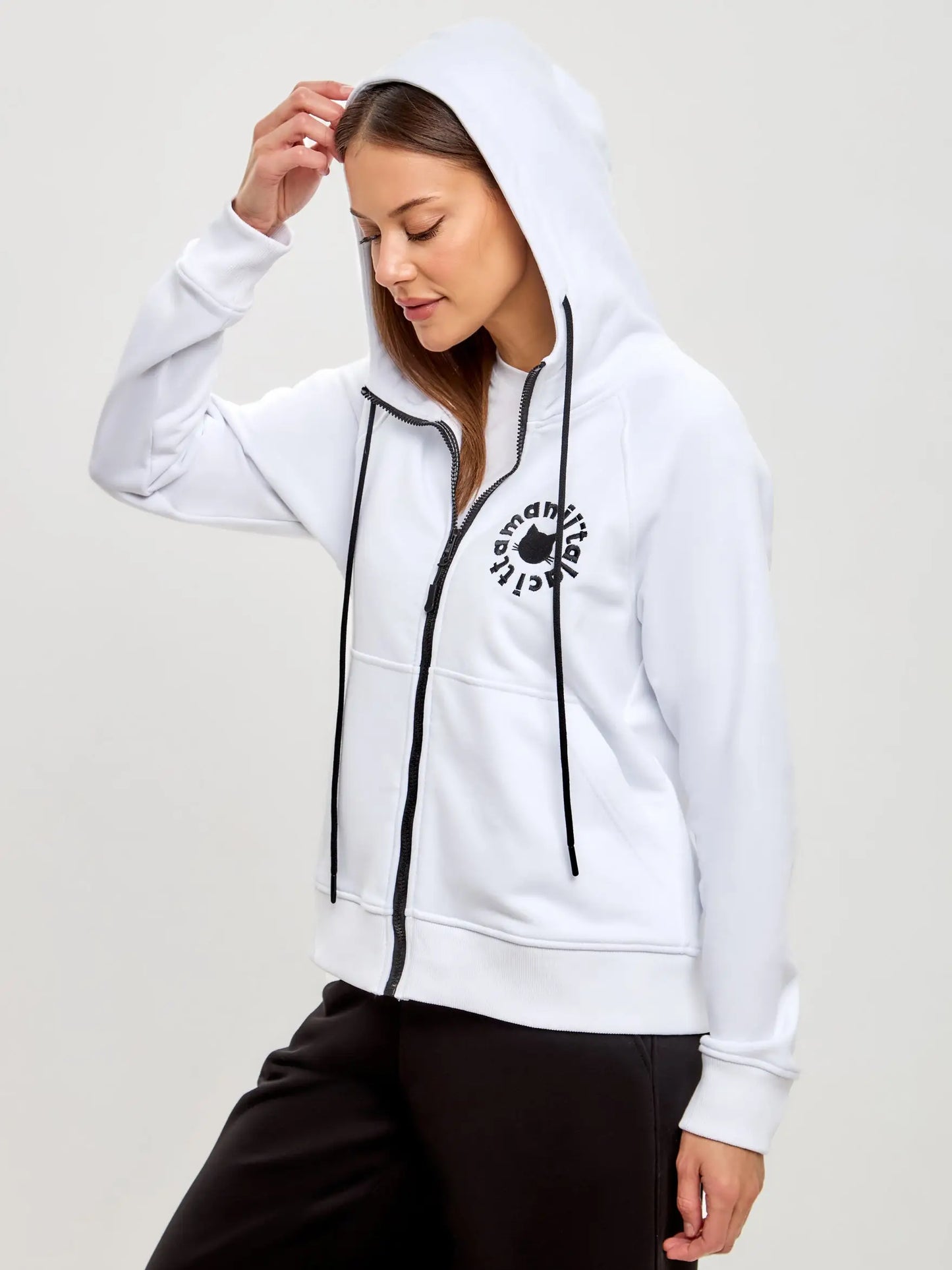 Logo cat set: white zip hoodie and black sweatpants - Funny Cat | For Cat Lovers | CAT by maniita lacitta