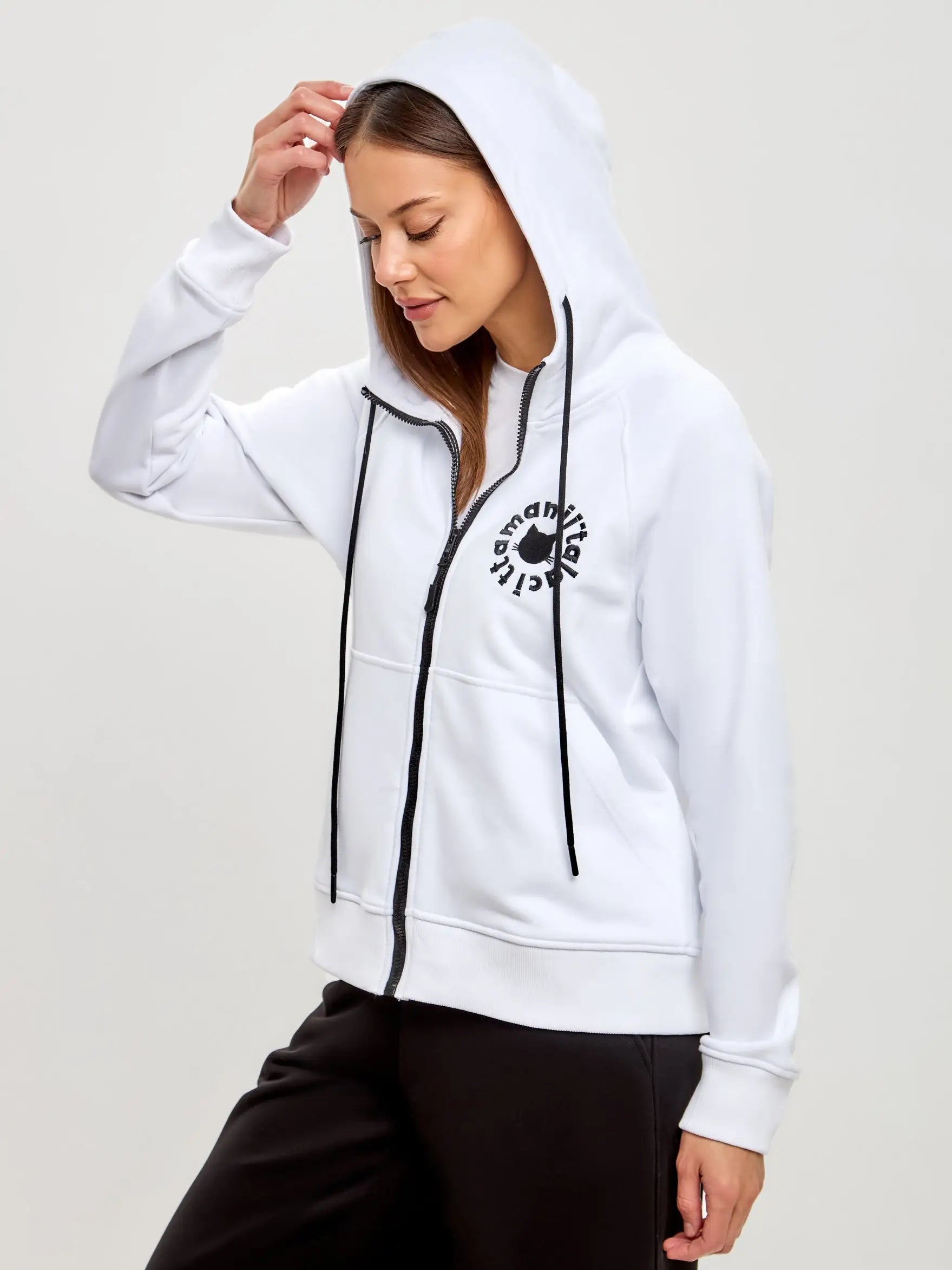 Logo cat set: white zip hoodie and black sweatpants - Funny Cat | For Cat Lovers | CAT by maniita lacitta