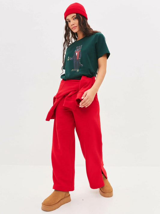 New year set: women’s green t-shirt with new year’s cat print and red culottes. - Funny Cat | For Cat Lovers | CAT