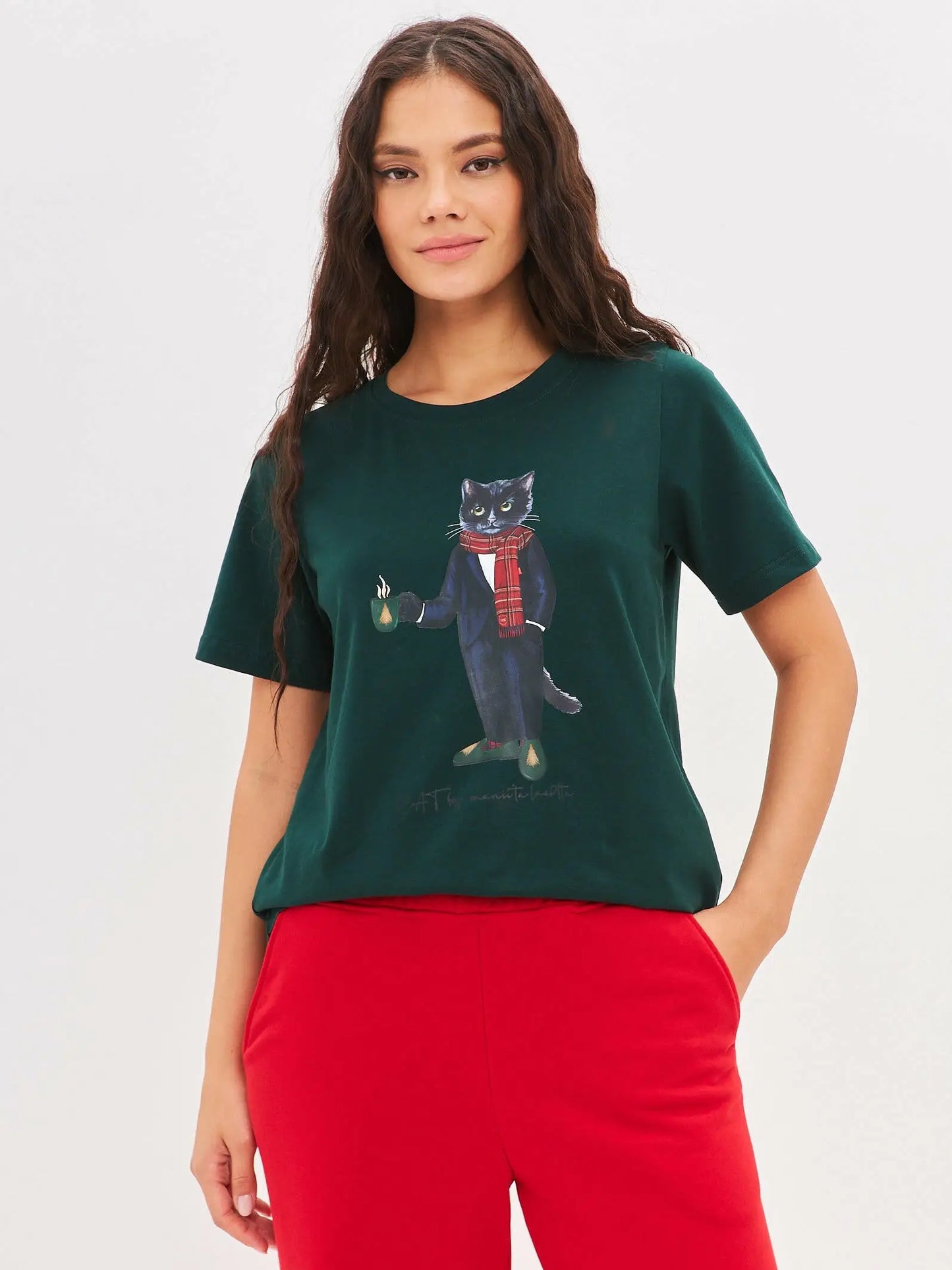 New year set: women’s green t-shirt with new year’s cat print and red culottes. - Funny Cat | For Cat Lovers | CAT