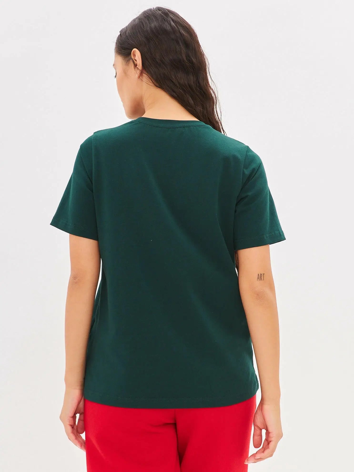 New year set: women’s green t-shirt with new year’s cat print and red culottes. - Funny Cat | For Cat Lovers | CAT