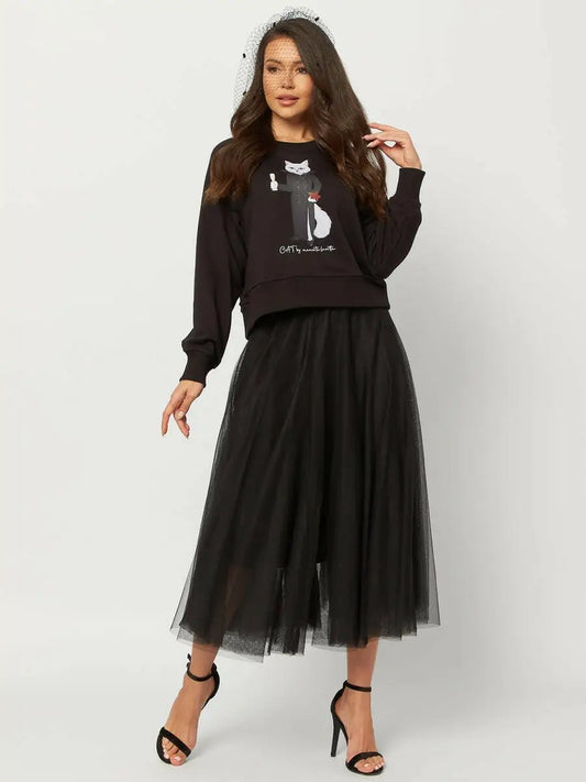 New year’s set: women’s black cropped sweatshirt with a white cat and a black tulle maxi skirt - Funny Cat | For Cat