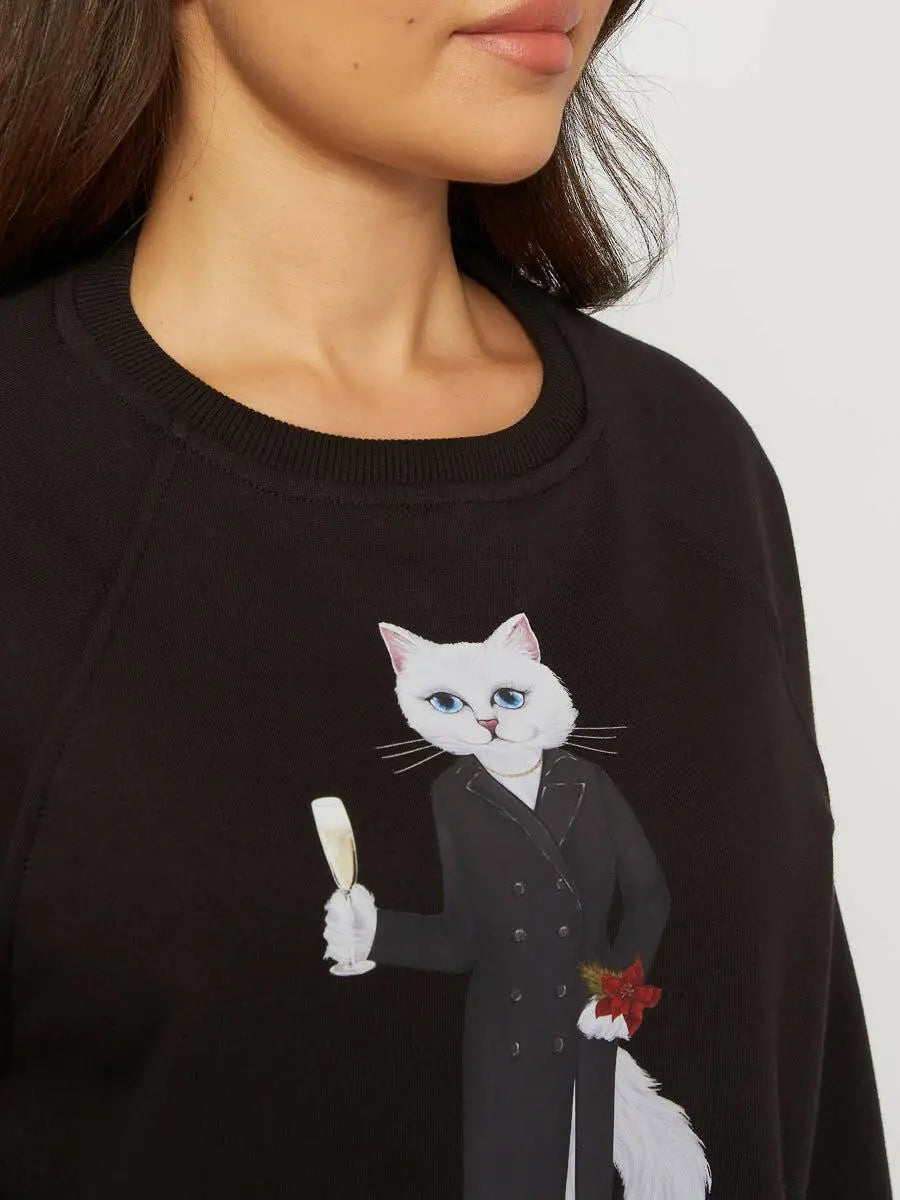 New year’s set: women’s black cropped sweatshirt with a white cat and a black tulle maxi skirt - Funny Cat | For Cat