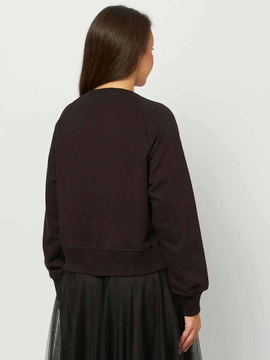 New year’s set: women’s black cropped sweatshirt with a white cat and a black tulle maxi skirt - Funny Cat | For Cat