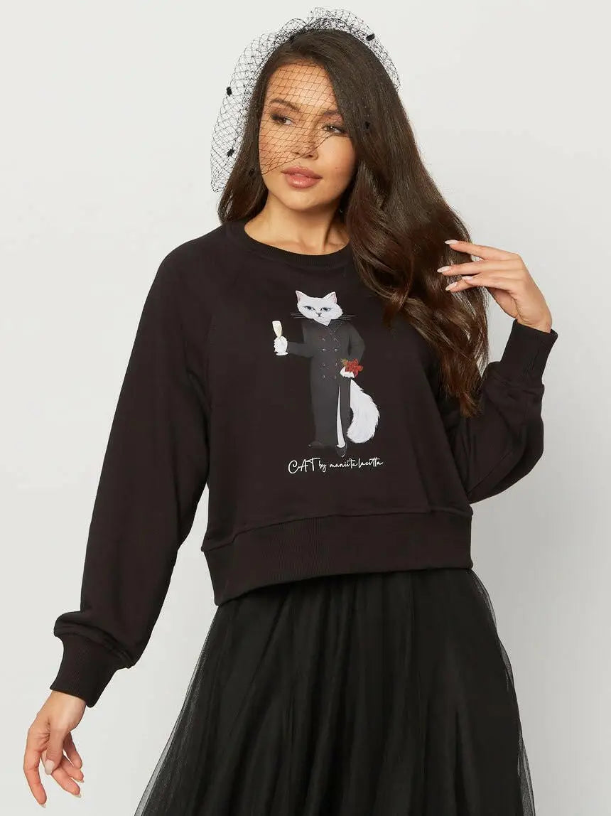 New year’s set: women’s black cropped sweatshirt with a white cat and a black tulle maxi skirt - Funny Cat | For Cat