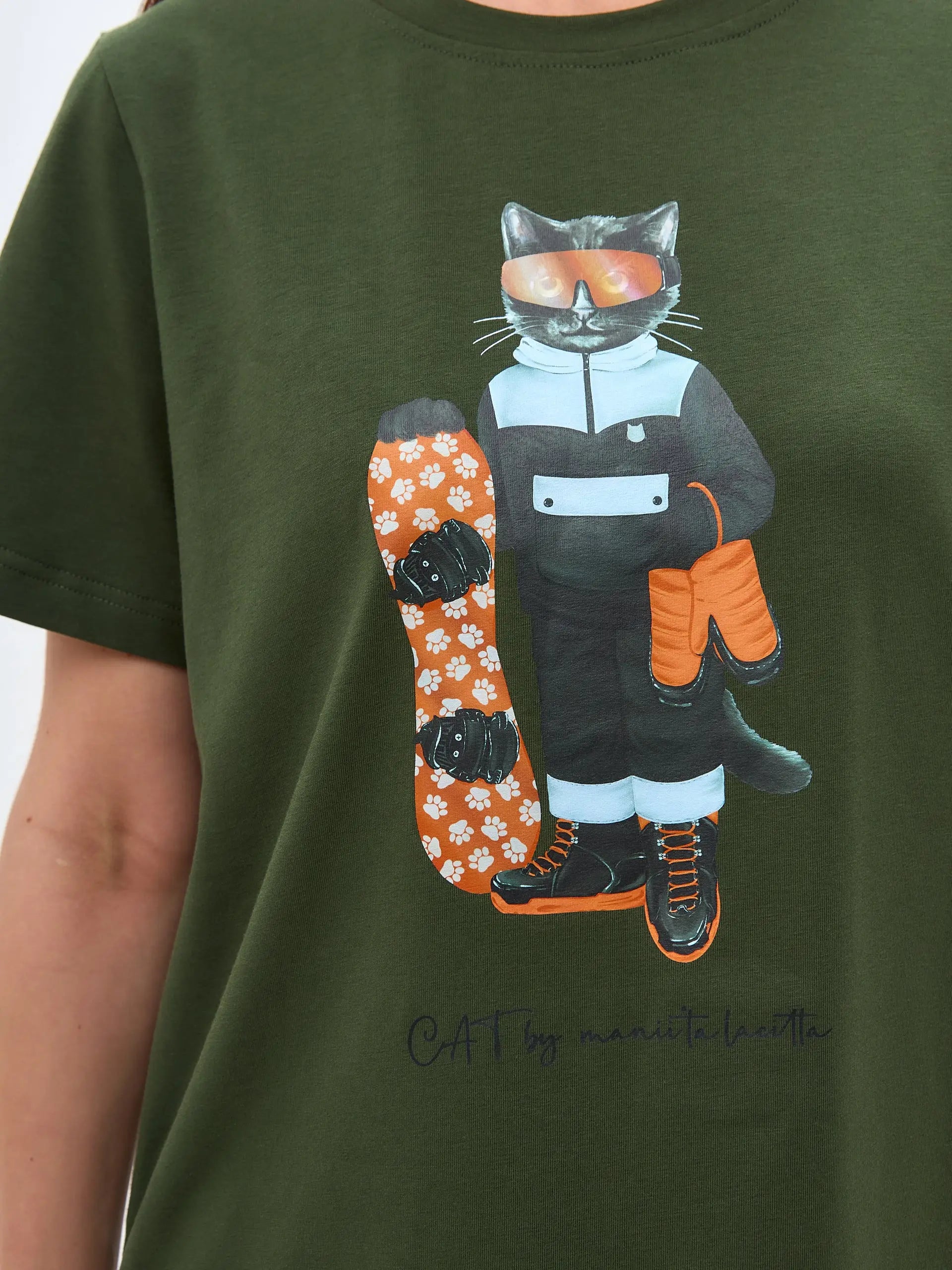 Olive T-shirt SNOWBOARD CAT - Funny Cat T-shirt | For Cat Lovers | CAT by maniita lacitta