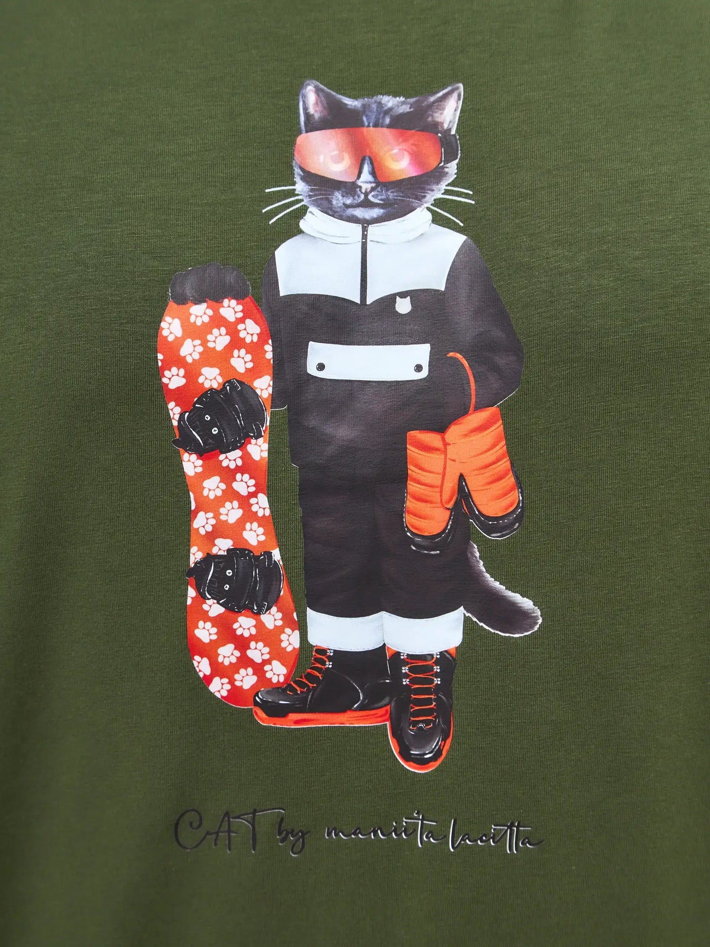 Olive T-shirt SNOWBOARD CAT - Funny Cat T-shirt | For Cat Lovers | CAT by maniita lacitta