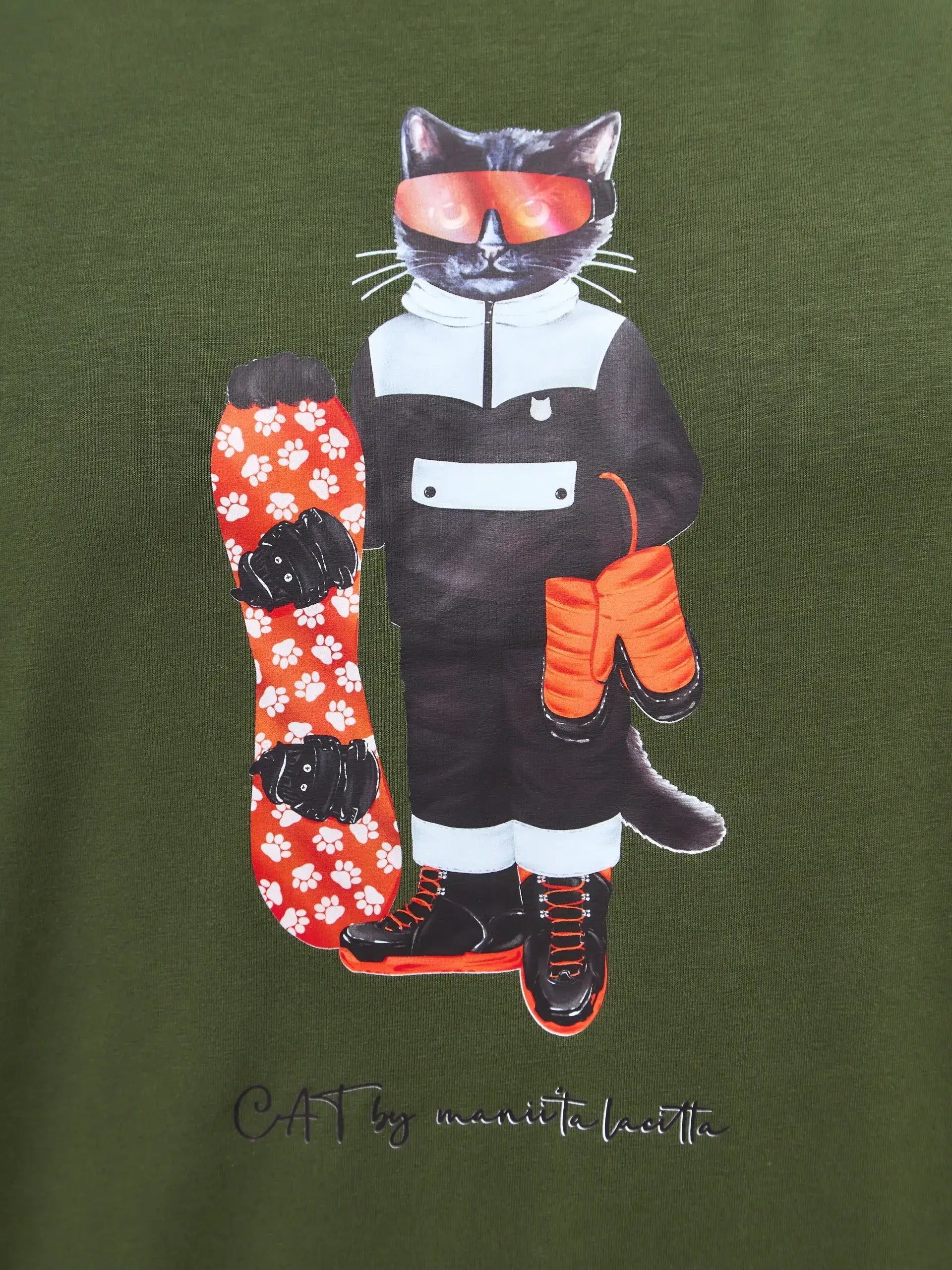Olive T-shirt SNOWBOARD CAT - Funny Cat T-shirt | For Cat Lovers | CAT by maniita lacitta