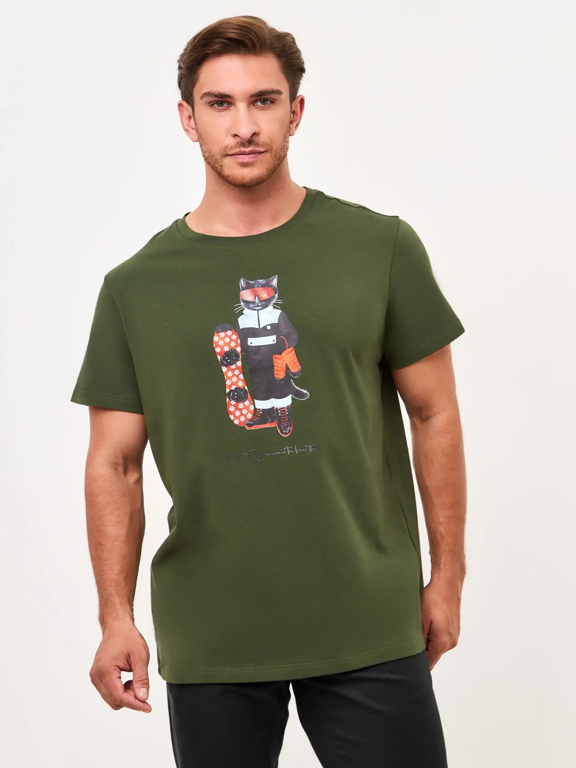 Olive T-shirt SNOWBOARD CAT - Funny Cat T-shirt | For Cat Lovers | CAT by maniita lacitta