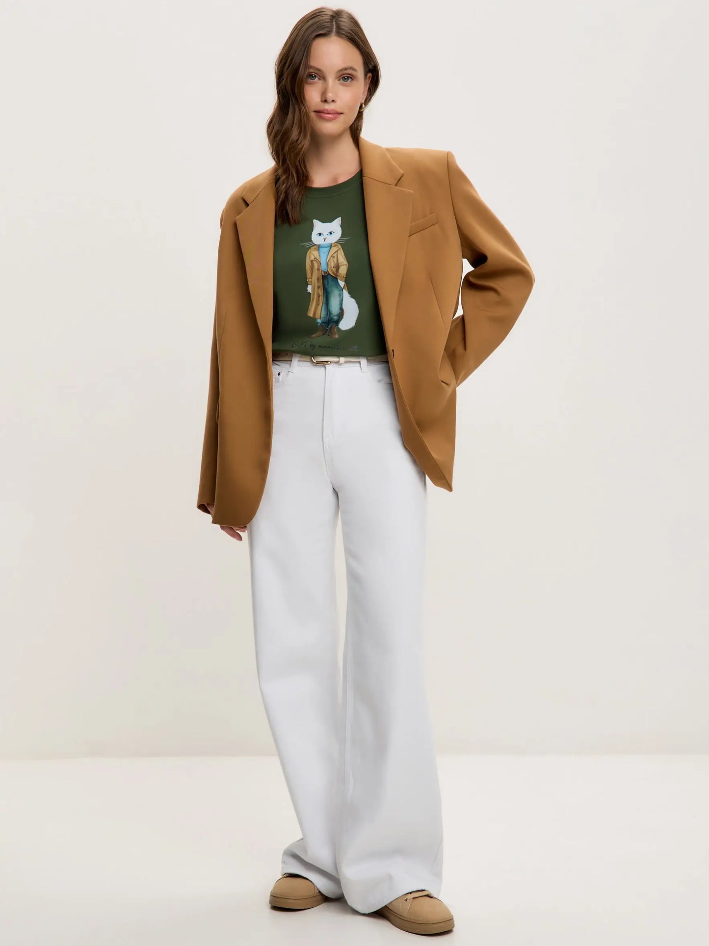 Olive t-shirt trench coat white cat - Funny Cat T-shirt | For Cat Lovers | CAT by maniita lacitta