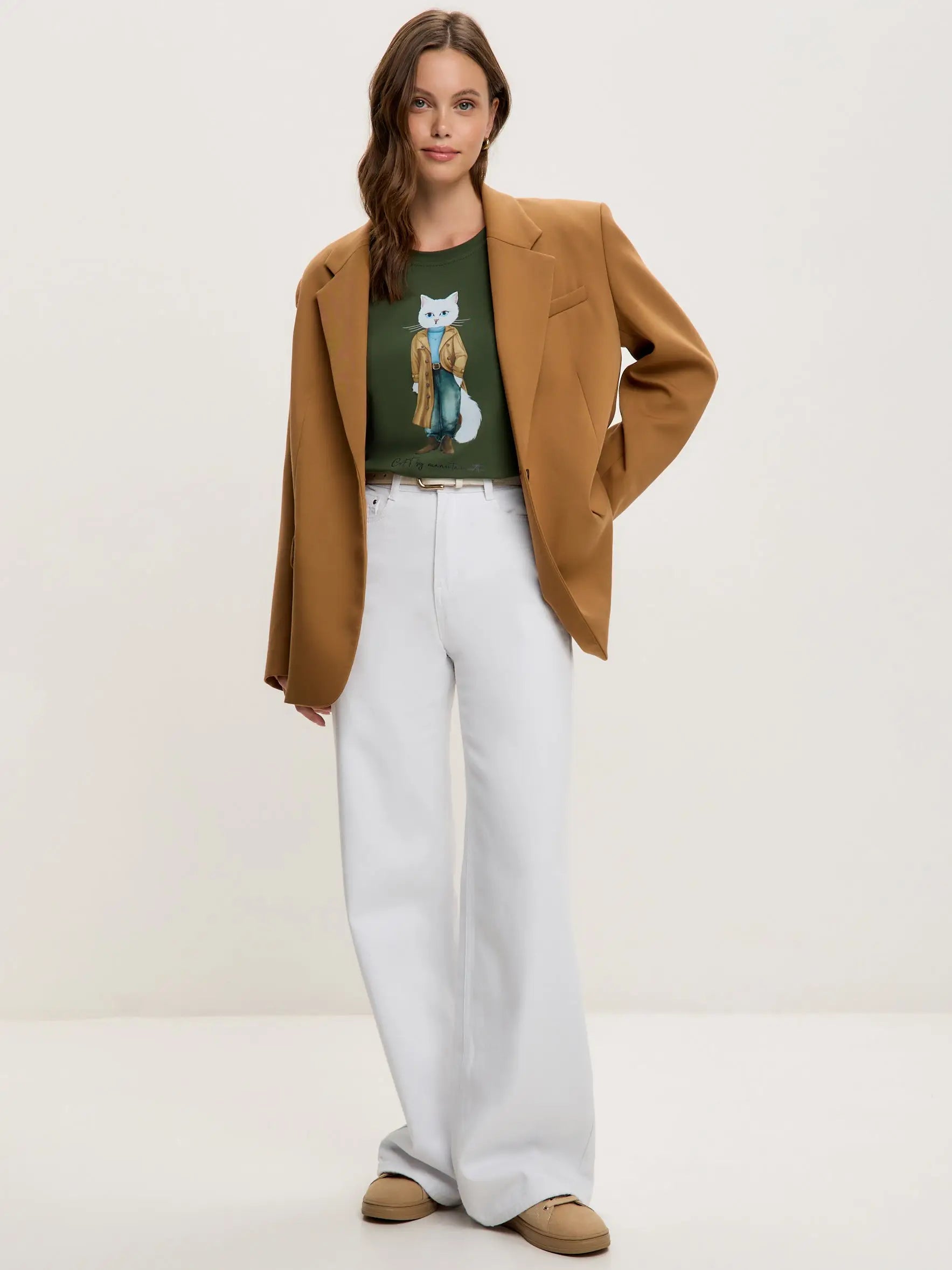 Olive t-shirt trench coat white cat - Funny Cat T-shirt | For Cat Lovers | CAT by maniita lacitta