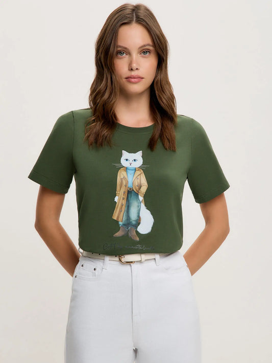 Olive t-shirt trench coat white cat - Funny Cat T-shirt | For Cat Lovers | CAT by maniita lacitta