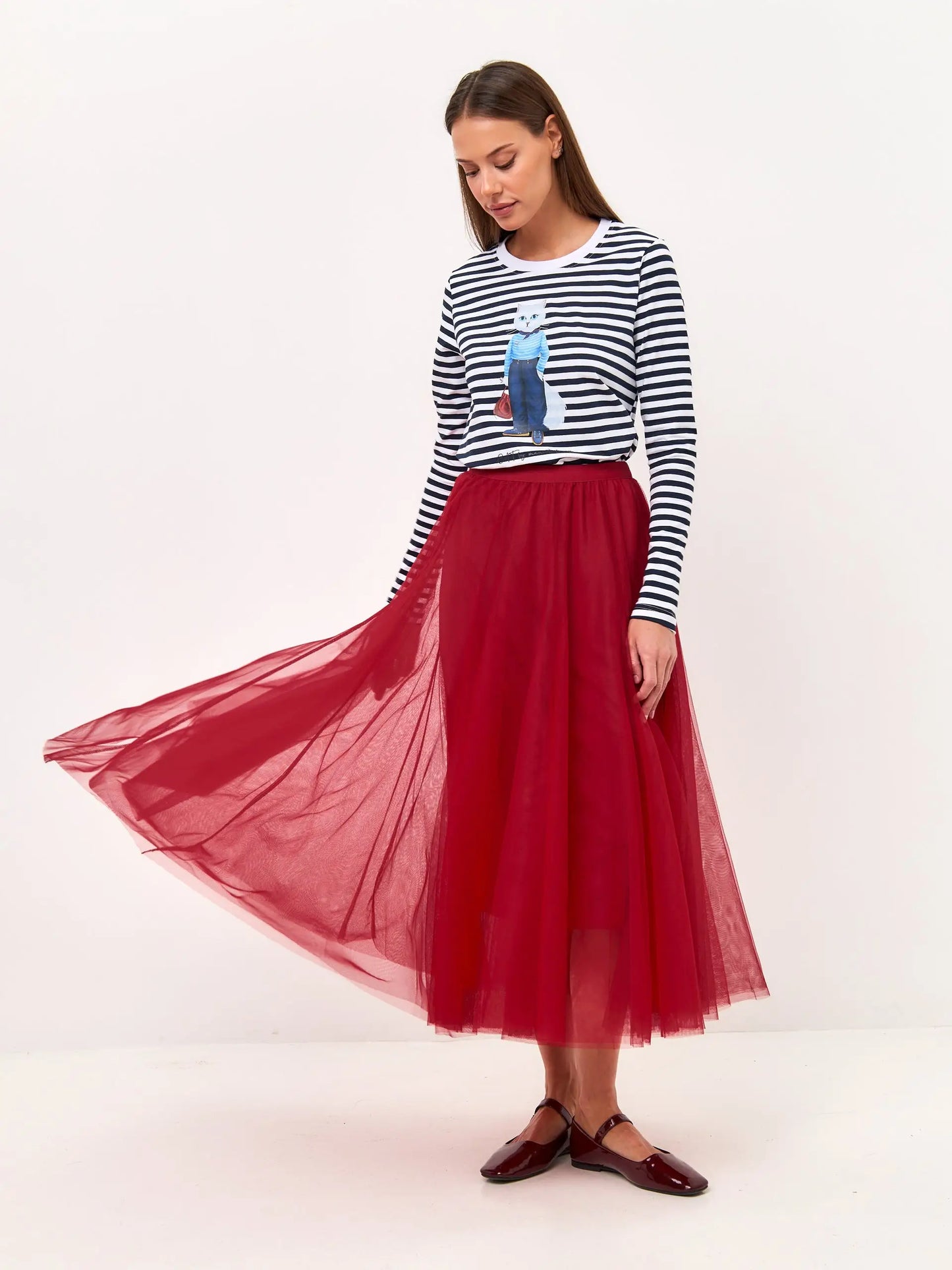 Paris set: women’s long sleeve navy striped white Сat and red tulle maxi skirt - Funny Cat | For Cat Lovers | CAT