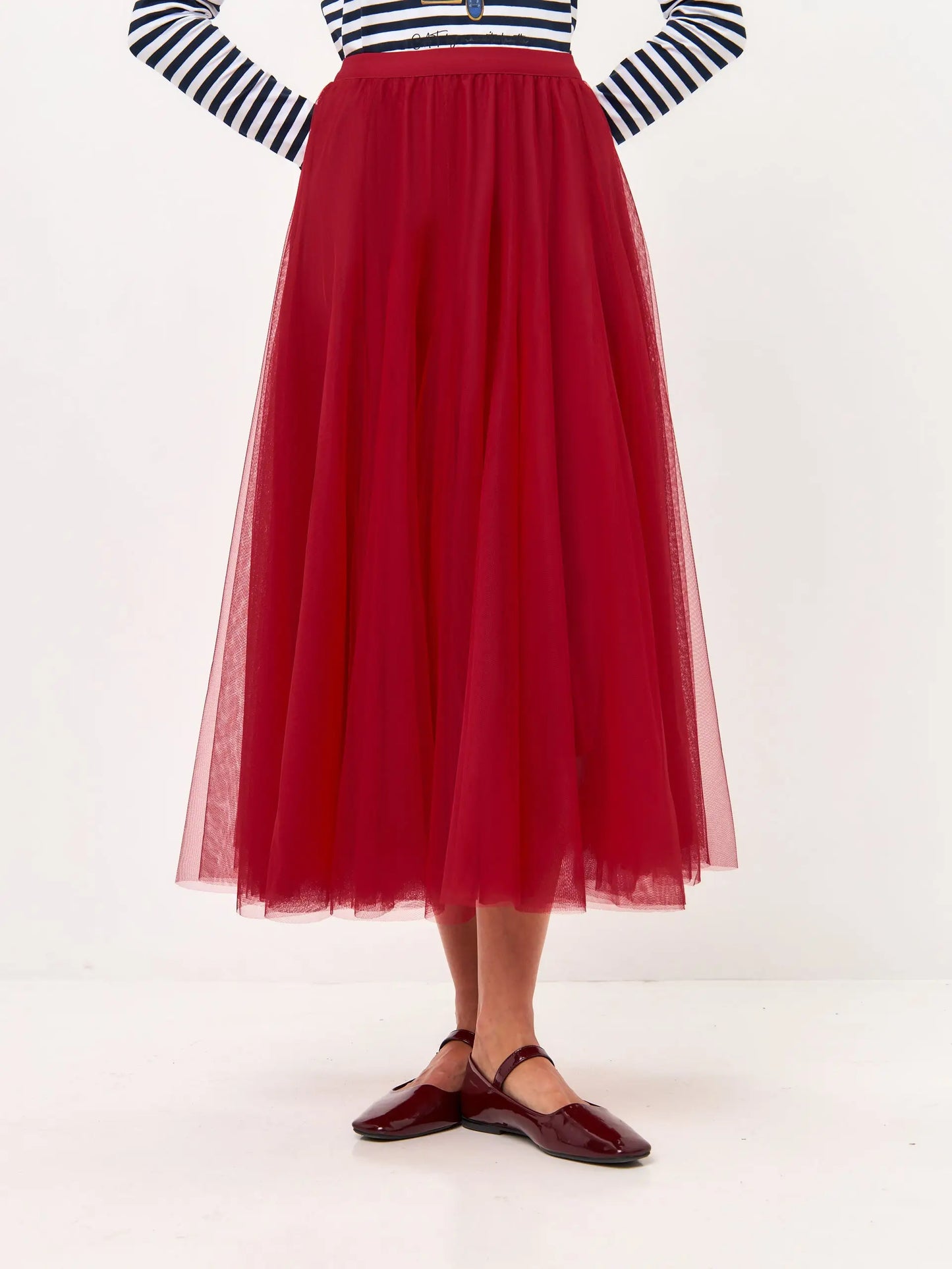 Paris set: women’s long sleeve navy striped white Сat and red tulle maxi skirt - Funny Cat | For Cat Lovers | CAT