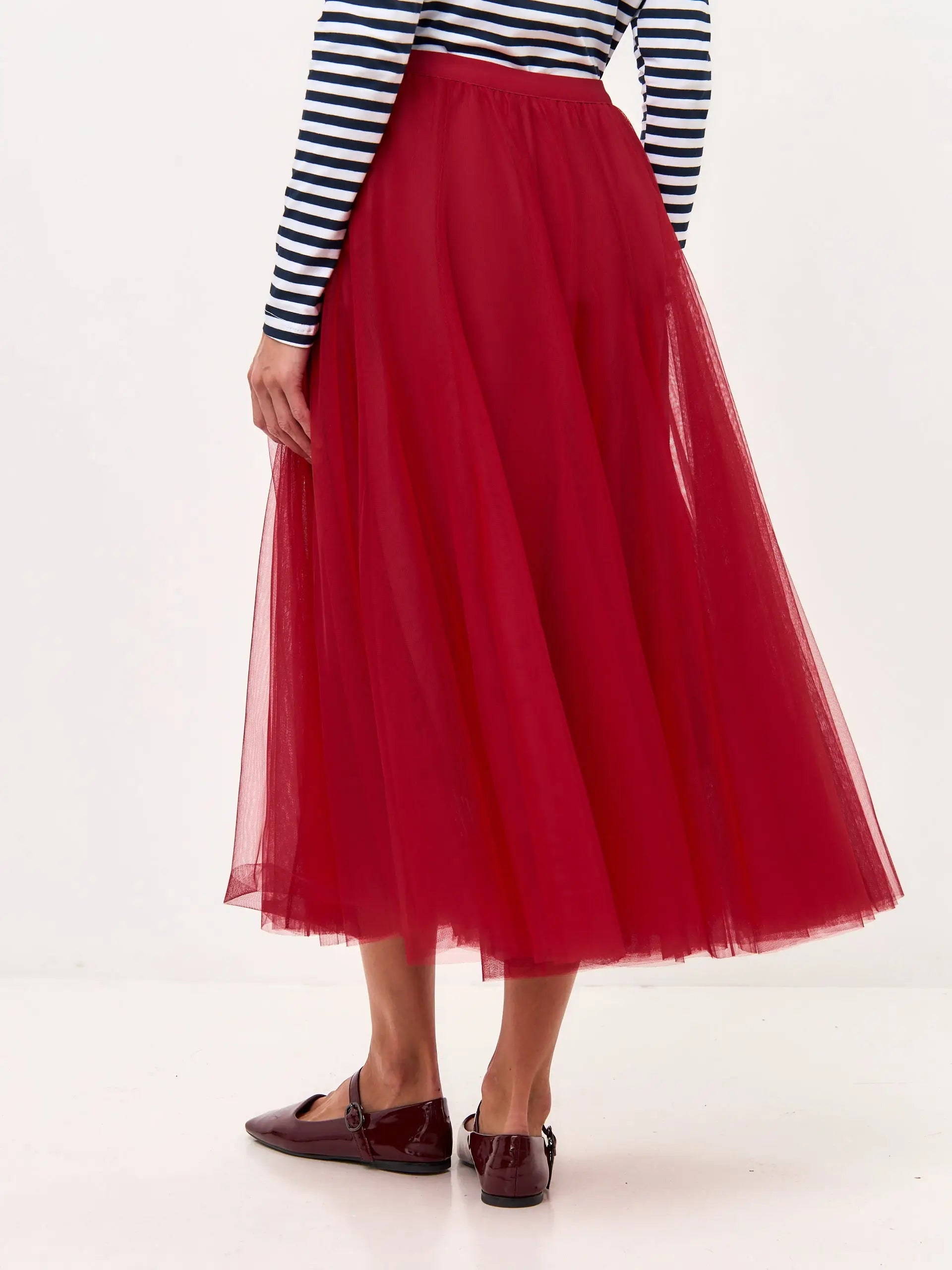 Paris set: women’s long sleeve navy striped white Сat and red tulle maxi skirt - Funny Cat | For Cat Lovers | CAT