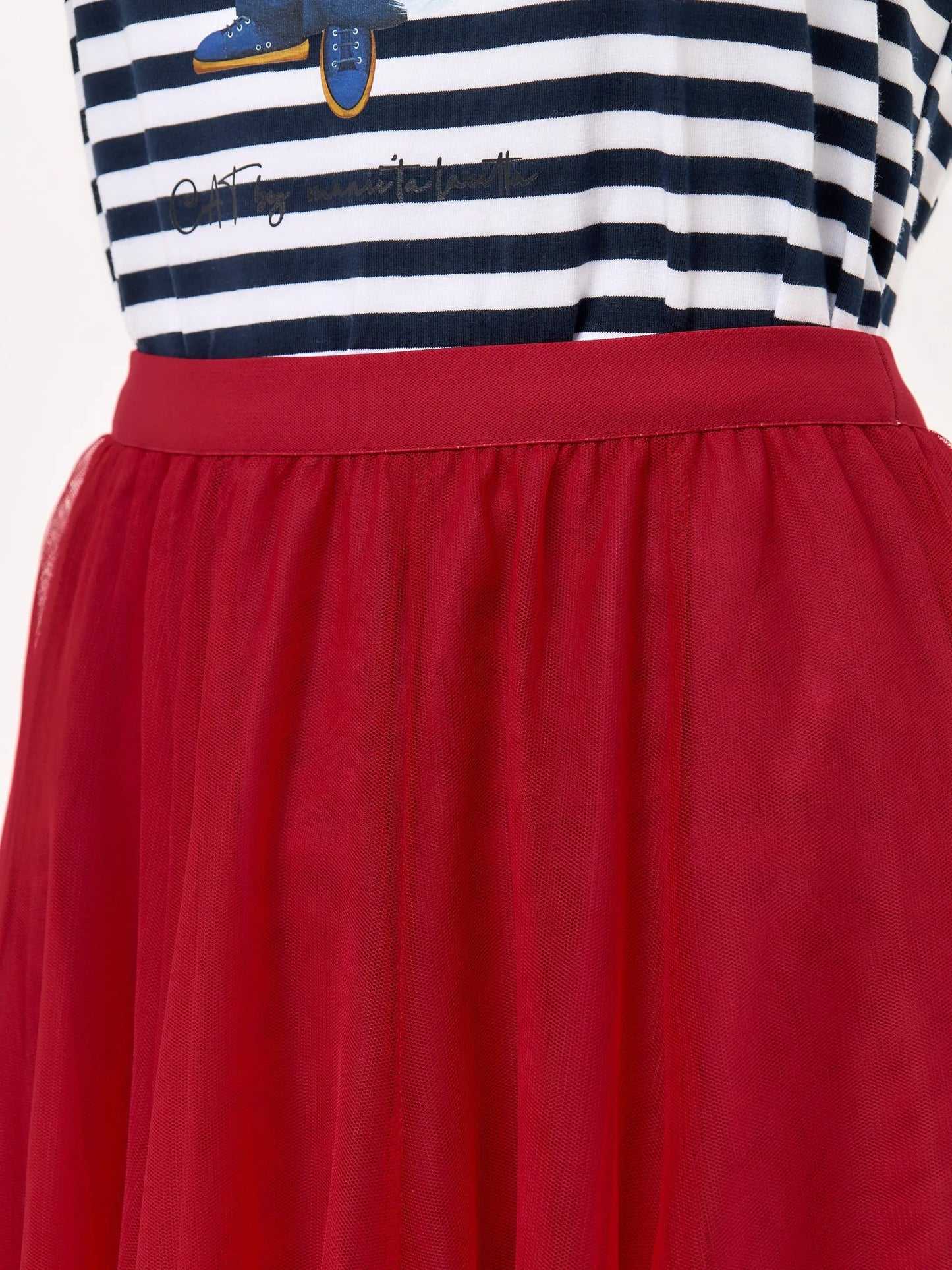 Paris set: women’s long sleeve navy striped white Сat and red tulle maxi skirt - Funny Cat | For Cat Lovers | CAT