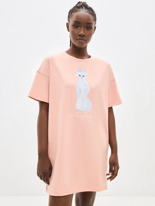 Peach oversized T-shirt SPA CAT - Peach oversized T-shirt SPA CAT print