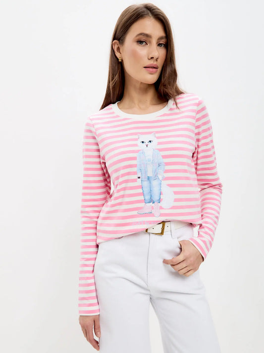 Pink longsleeve country white cat - Funny Cat Shirt & Striped shirt | For Cat Lovers | CAT by maniita