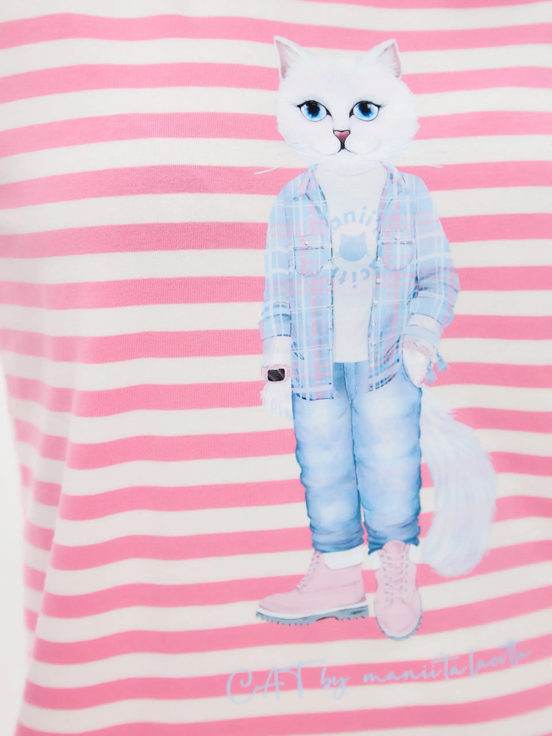 Pink longsleeve country white cat - Funny Cat Shirt & Striped shirt | For Cat Lovers | CAT by maniita