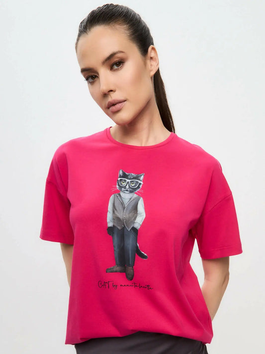 Pink printed oversized t-shirt minimalist cat - Funny Cat T-shirt | For Cat Lovers | CAT by maniita lacitta