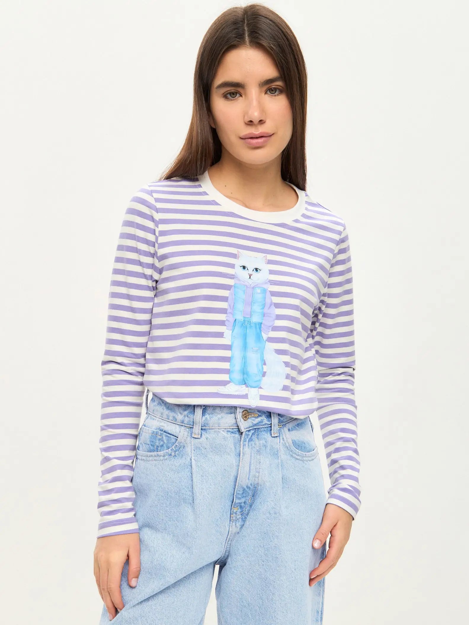 Purple longsleeve walking cat - Funny Cat Shirt & Striped shirt | For Cat Lovers | CAT by maniita