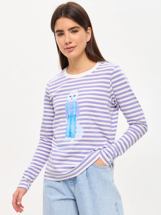 Purple longsleeve walking cat - Funny Cat Shirt & Striped shirt | For Cat Lovers | CAT by maniita