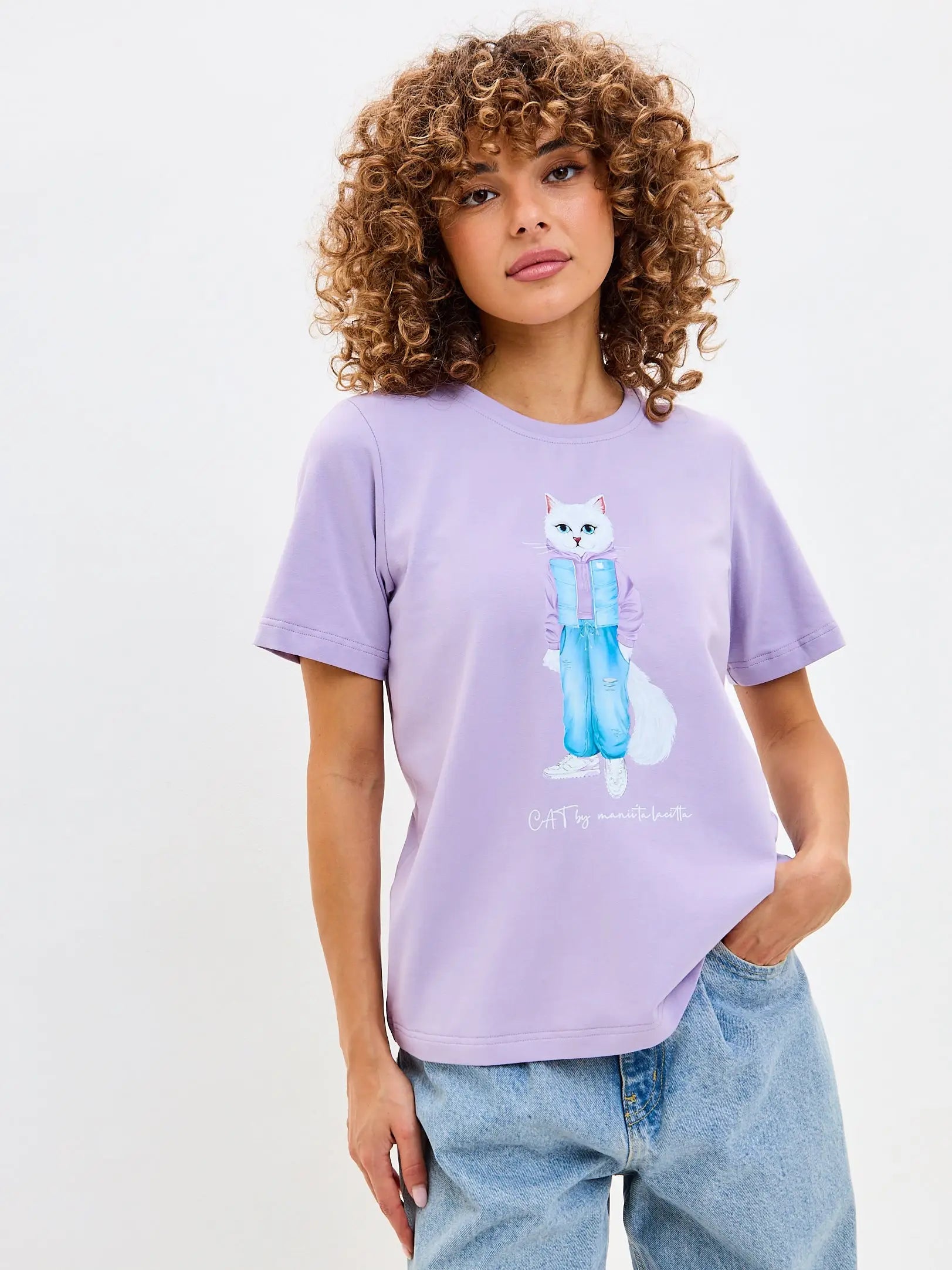 Purple t-shirt walking cat - Funny Cat T-shirt | For Cat Lovers | CAT by maniita lacitta