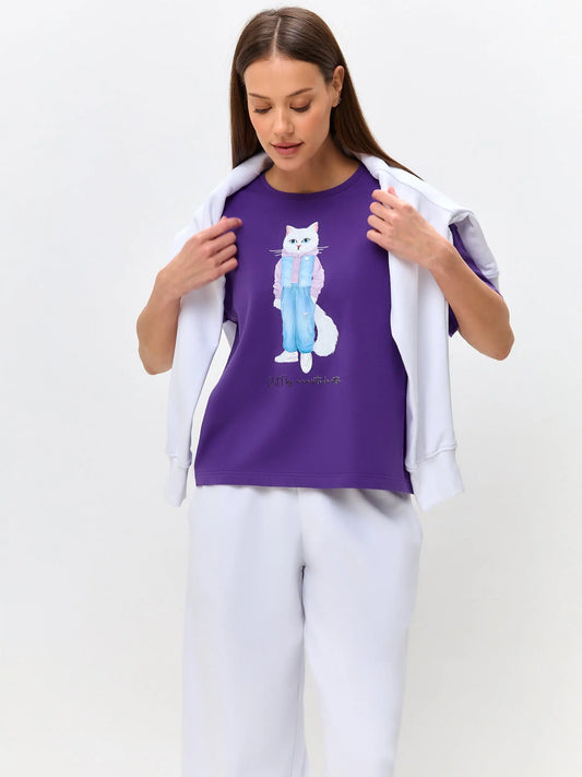 Purple t-shirt walking cat - Funny Cat T-shirt | For Cat Lovers | CAT by maniita lacitta