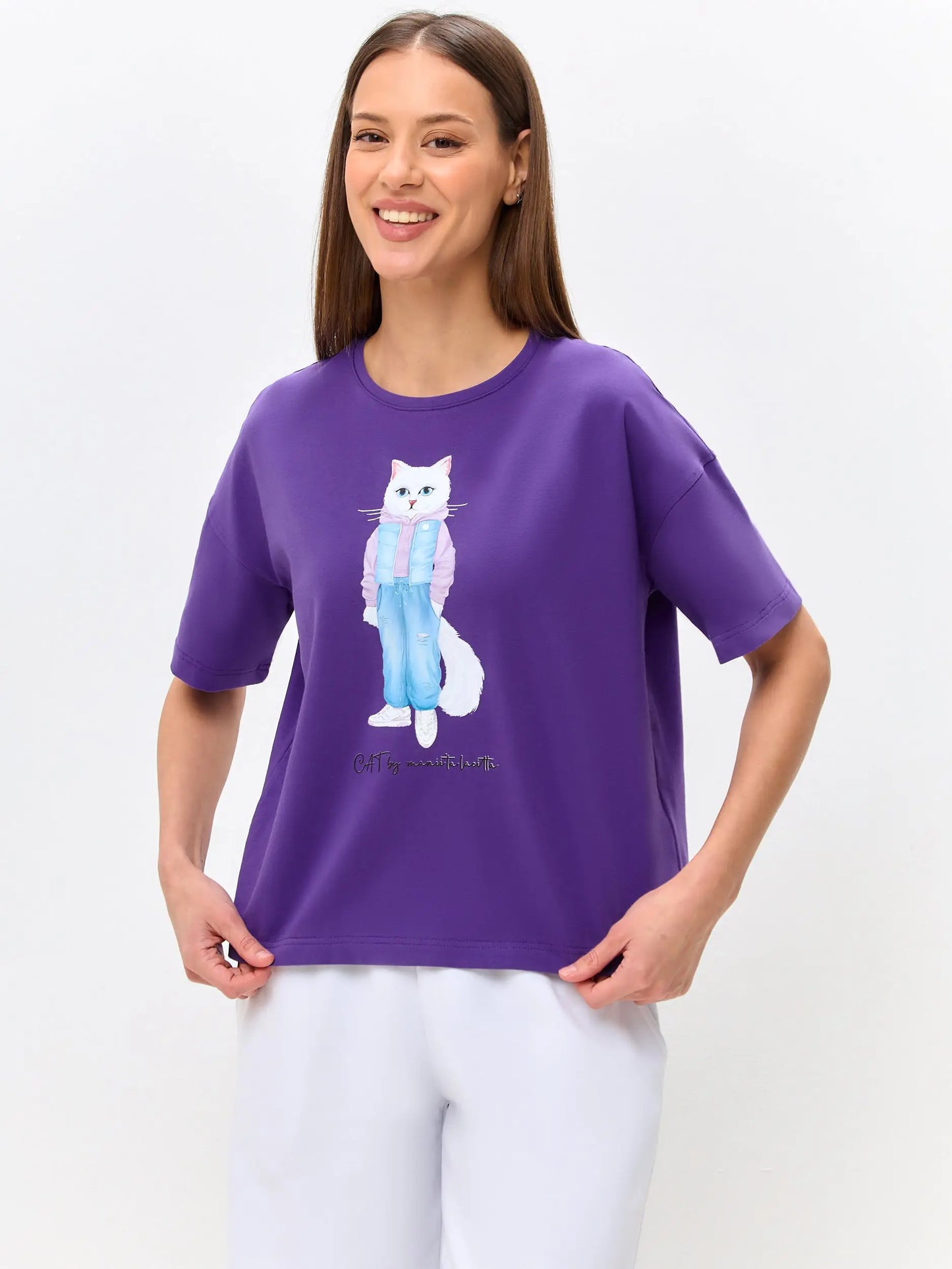 Purple Printed T-shirt WALKING CAT - T-shirt