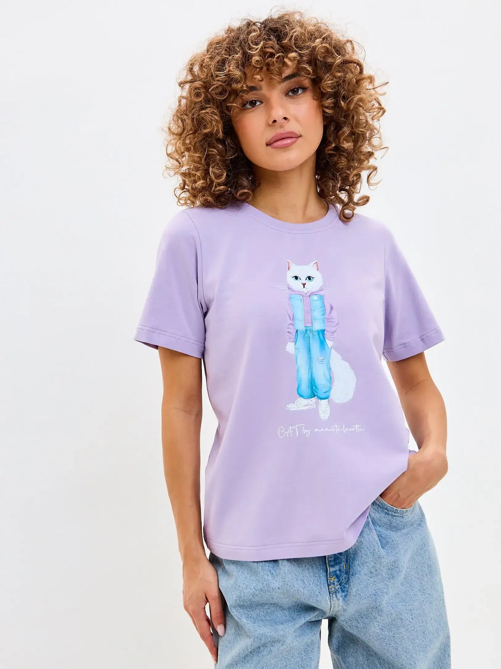 Purple Printed T-shirt WALKING CAT - T-shirt