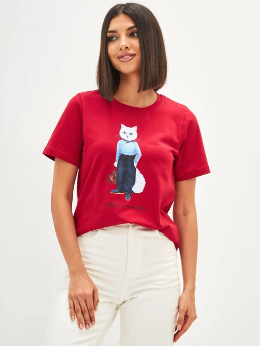 Red printed t-shirt mariner cat - Funny Cat T-shirt | For Cat Lovers | CAT by maniita lacitta