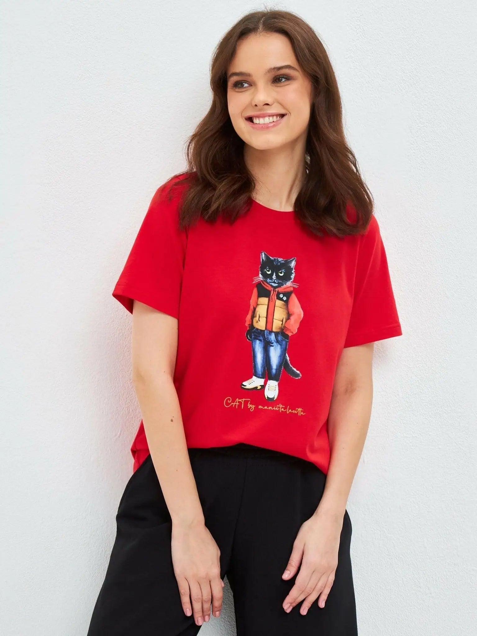 Red printed t-shirt sport casual cat - Funny Cat T-shirt | For Cat Lovers | CAT by maniita lacitta