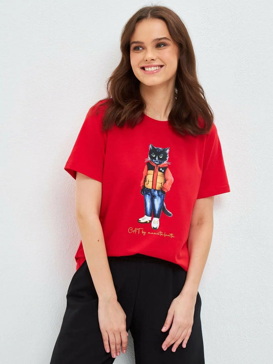 Red printed t-shirt sport casual cat - Funny Cat T-shirt | For Cat Lovers | CAT by maniita lacitta