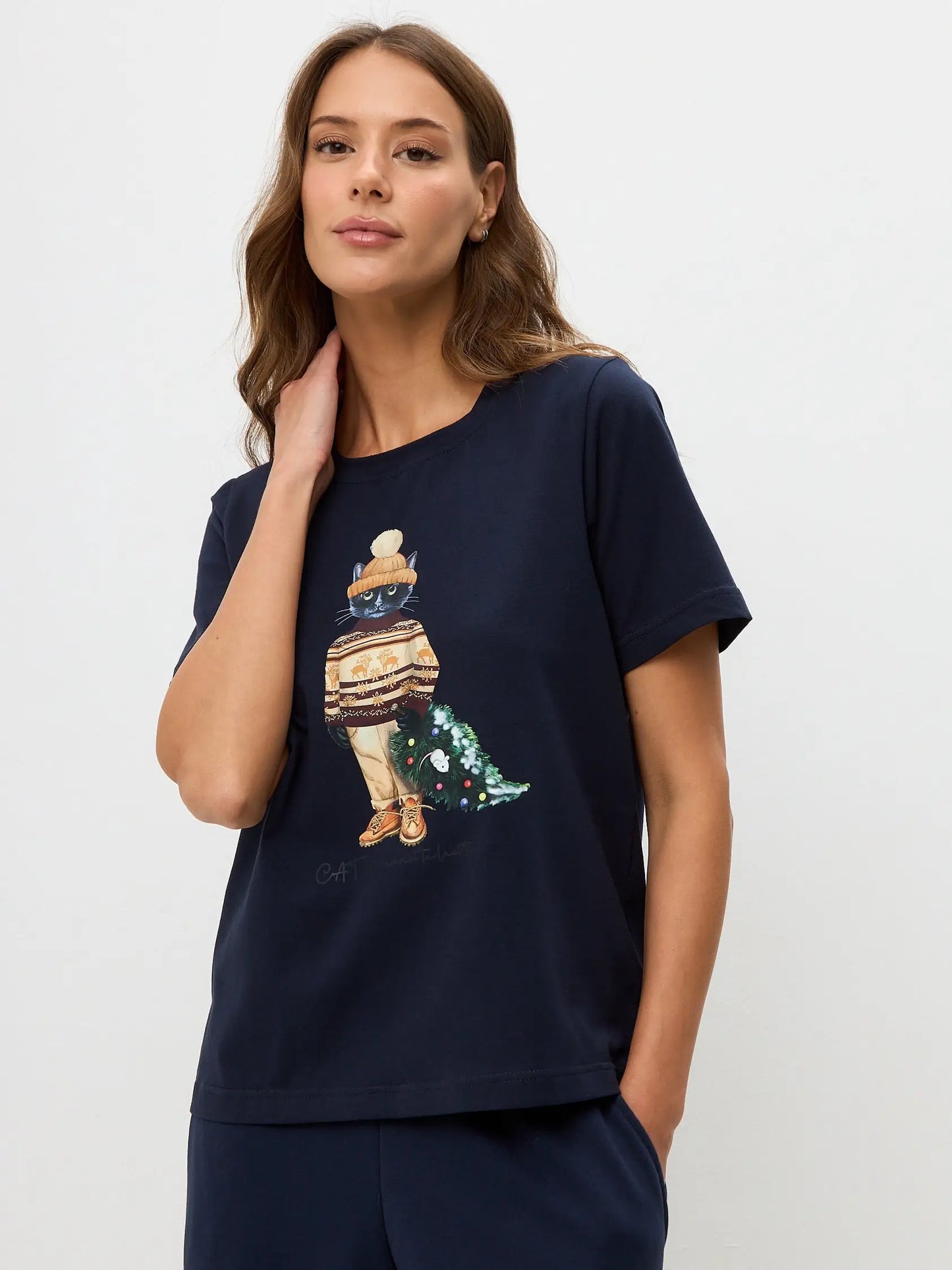 Set: women’s blue t-shirt with christmas cat print and blue wide sweatpants - Funny Cat | For Cat Lovers | CAT