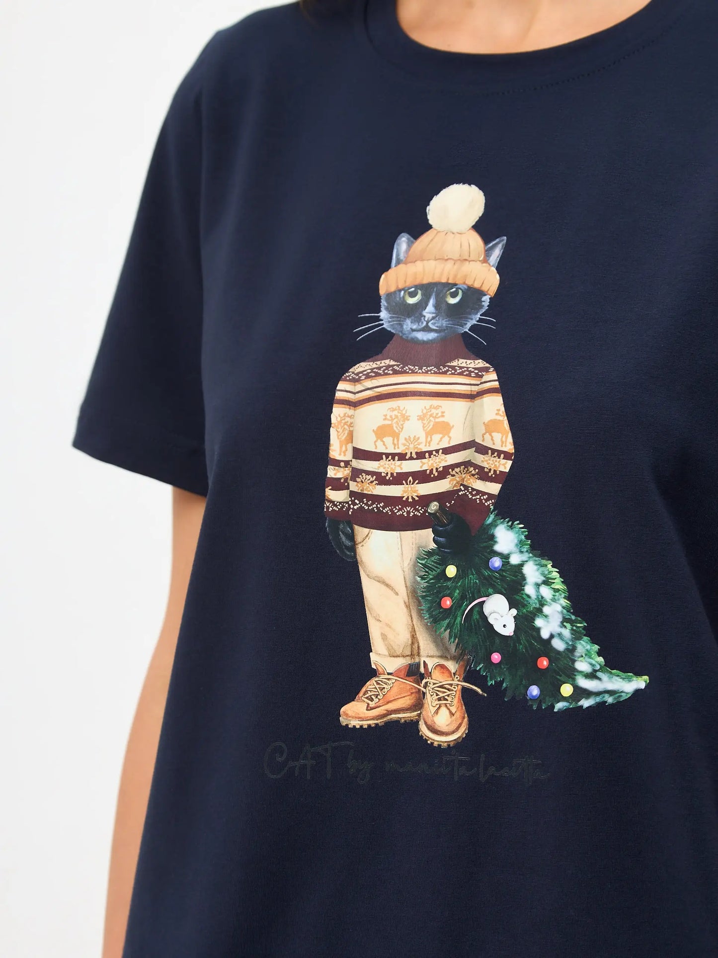 Set: women’s blue t-shirt with christmas cat print and blue wide sweatpants - Funny Cat | For Cat Lovers | CAT