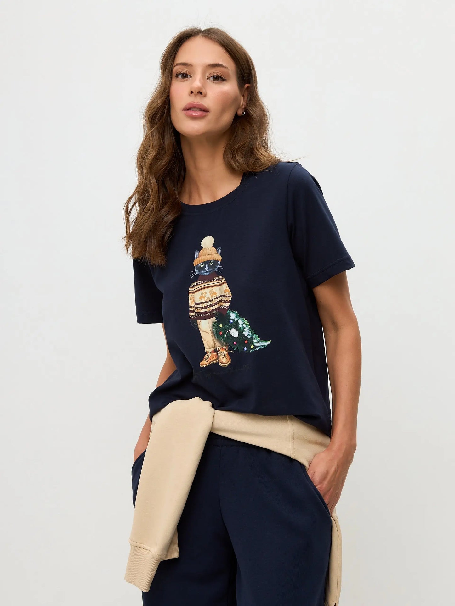 Set: women’s blue t-shirt with christmas cat print and blue wide sweatpants - Funny Cat | For Cat Lovers | CAT