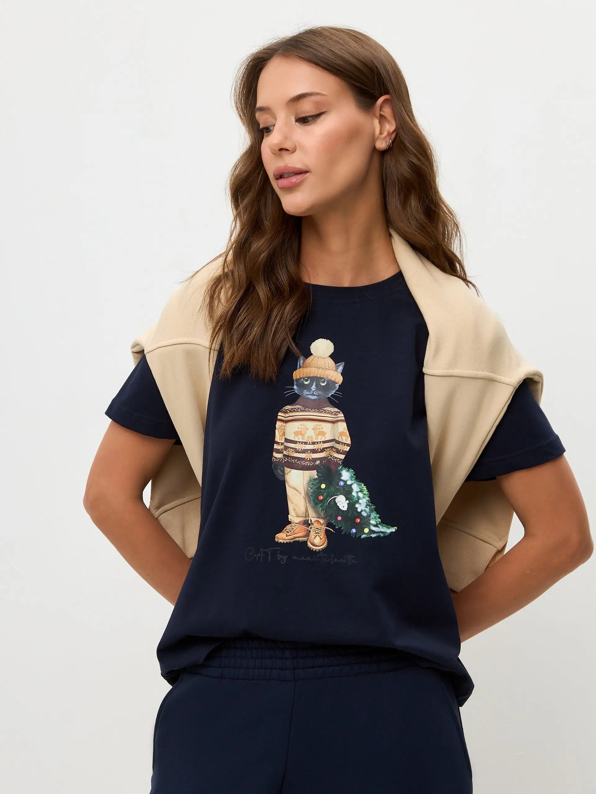 Set: women’s blue t-shirt with christmas cat print and blue wide sweatpants - Funny Cat | For Cat Lovers | CAT