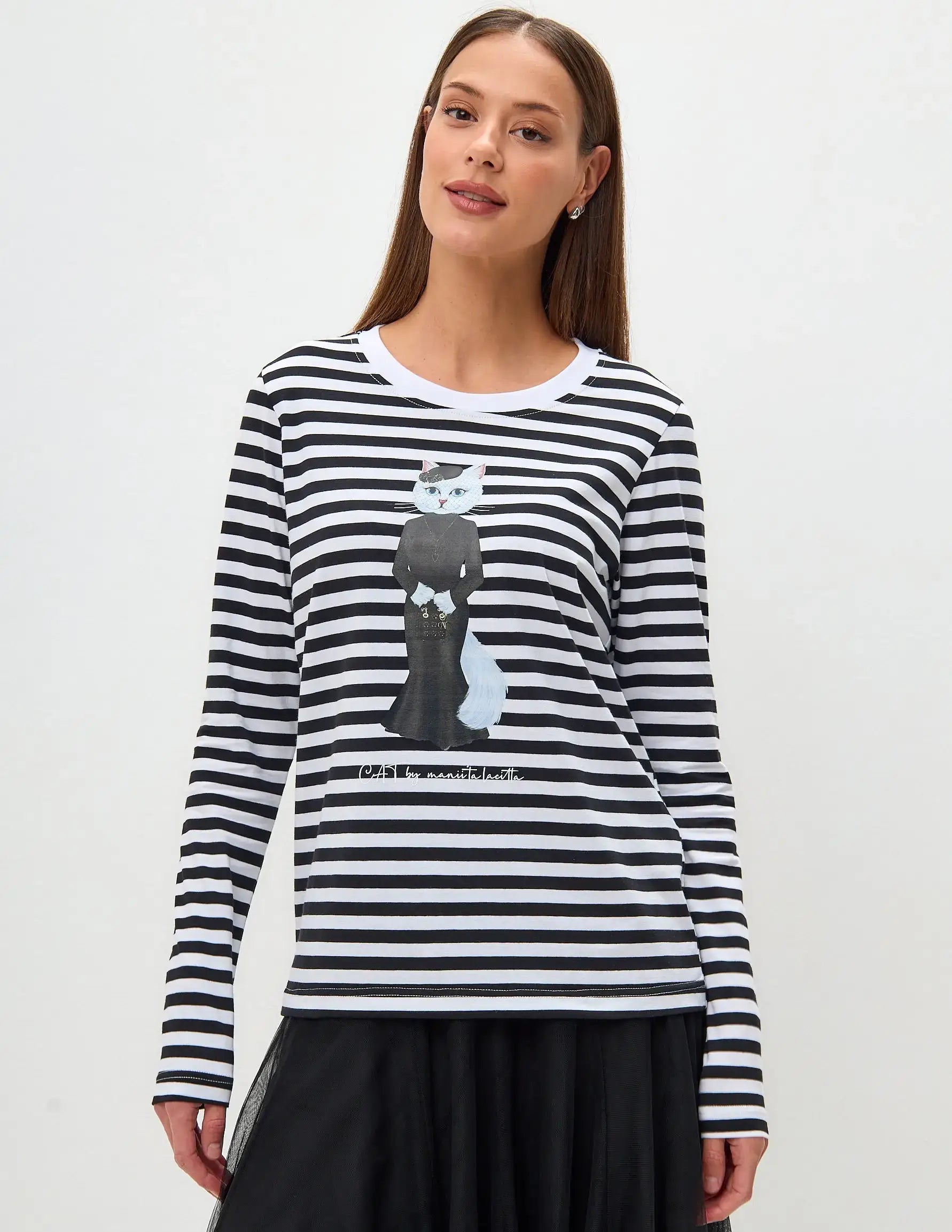 Set: women’s long sleeve striped with white cat and black tulle skirt - Funny Cat | For Cat Lovers | CAT by maniita