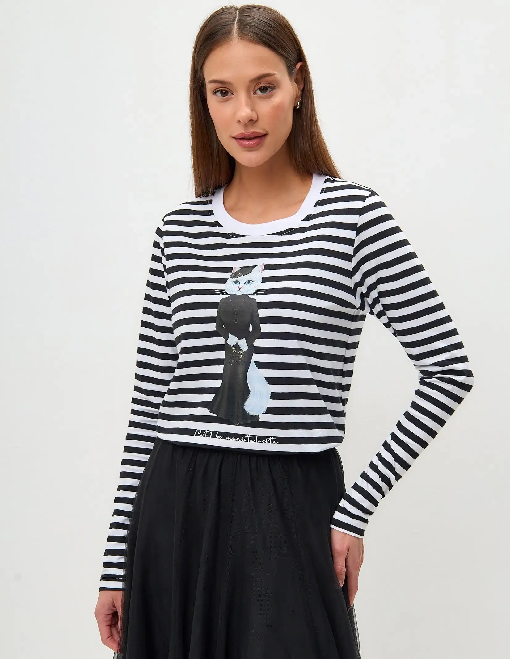 Set: women’s long sleeve striped with white cat and black tulle skirt - Funny Cat | For Cat Lovers | CAT by maniita