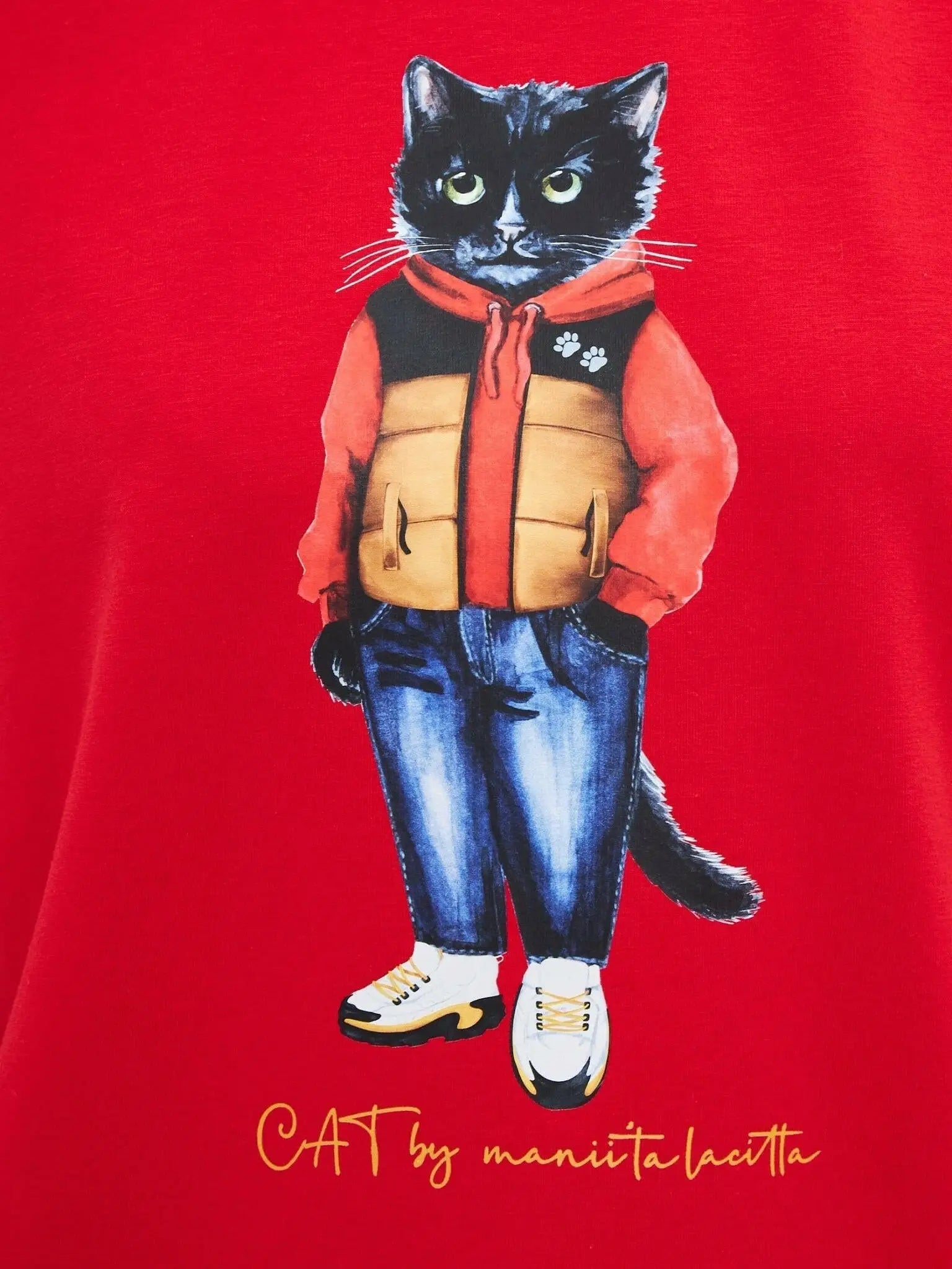 Set: women’s red t-shirt with cat print and black wide sweatpants - Funny Cat | For Cat Lovers | CAT by maniita lacitta