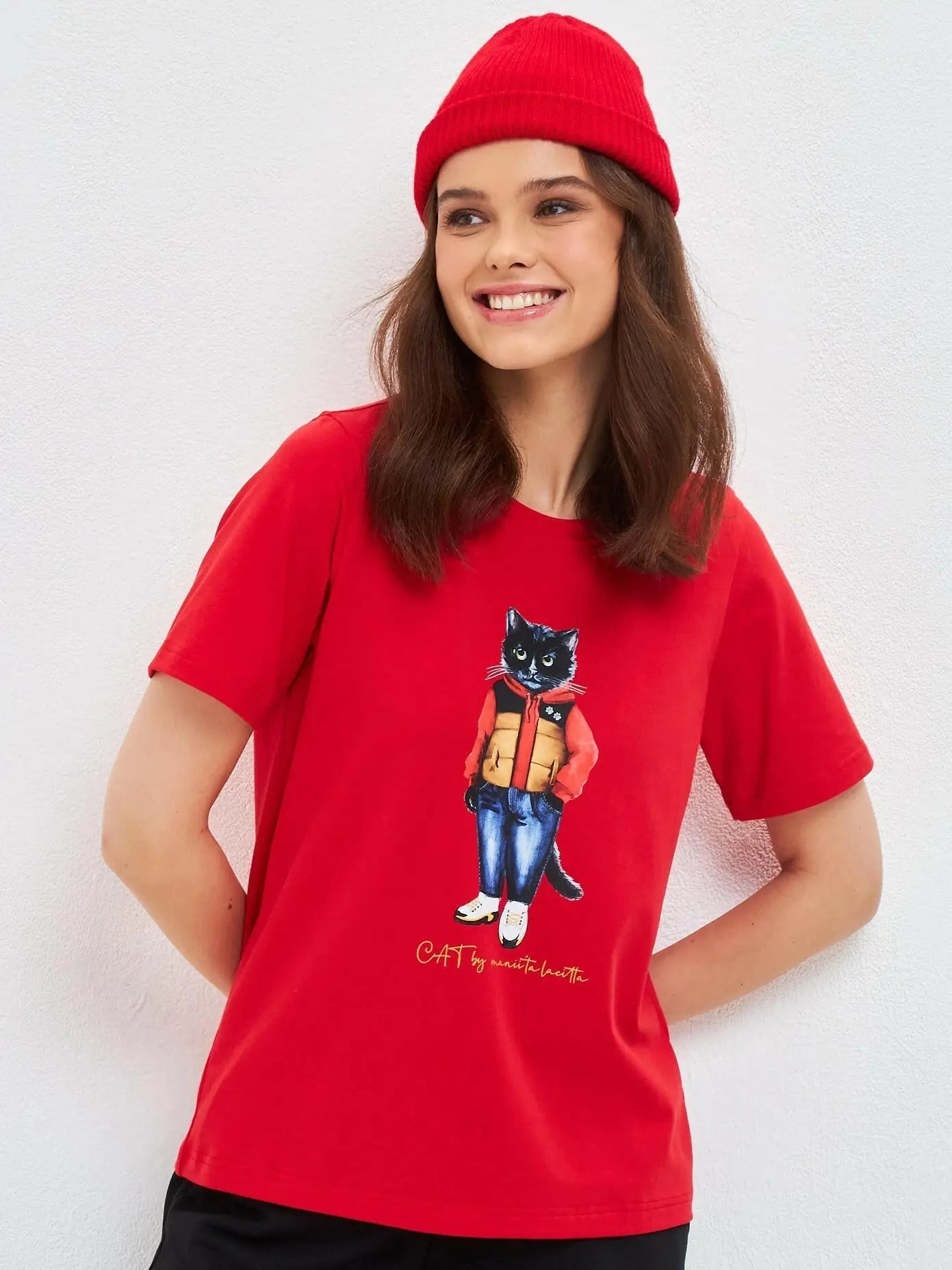 Set: women’s red t-shirt with cat print and black wide sweatpants - Funny Cat | For Cat Lovers | CAT by maniita lacitta