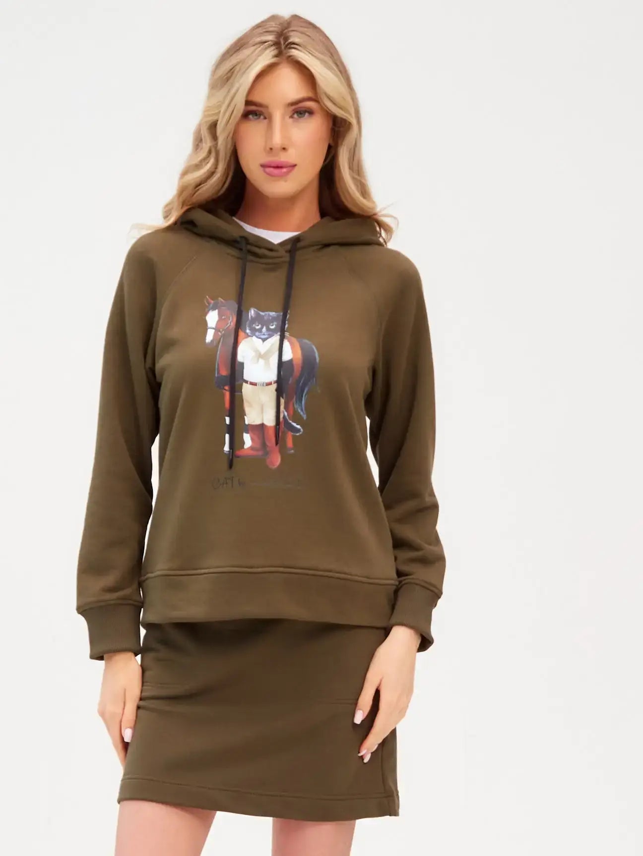 Set: women’s sports chic suit with skirt olive with a cat print - Funny Cat | For Cat Lovers | CAT by maniita lacitta